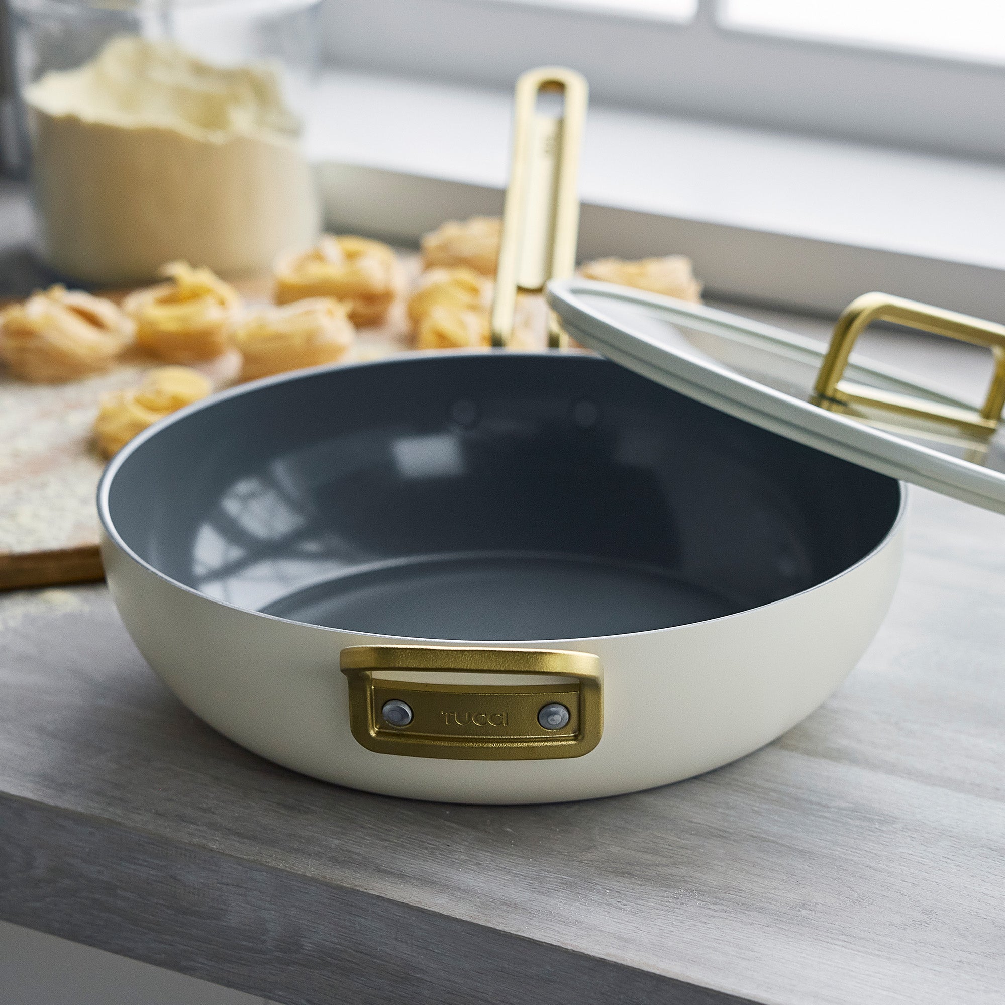 Stanley Tucci™ Ceramic Nonstick 4.5 Quart Saucepan with Lid - Carrara White Cookware for Healthy Cooking | Perfect for Pasta, Soups & Sauces