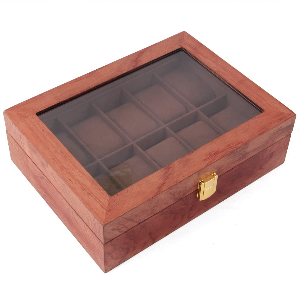 10-Slot Wooden Watch Box with Glass Lid - Luxury Watch Holder with Removable Pillows & Velvet Lining | Premium Watch Display Case for Men & Women | Perfect Watch Storage & Gift Box for Jewelry Collection & Travel