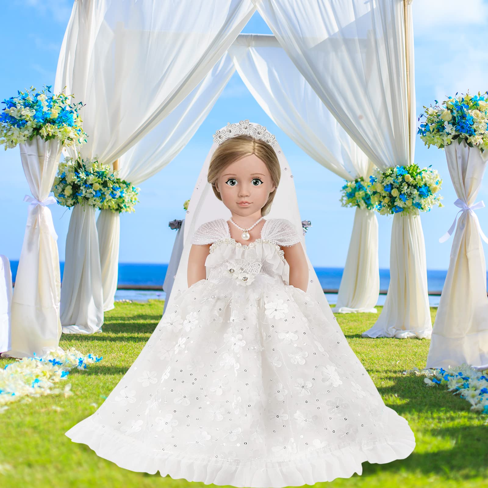 18 Inch Girl Doll Wedding Dress Set - 3 Piece Bridal Outfit with Accessories for 18