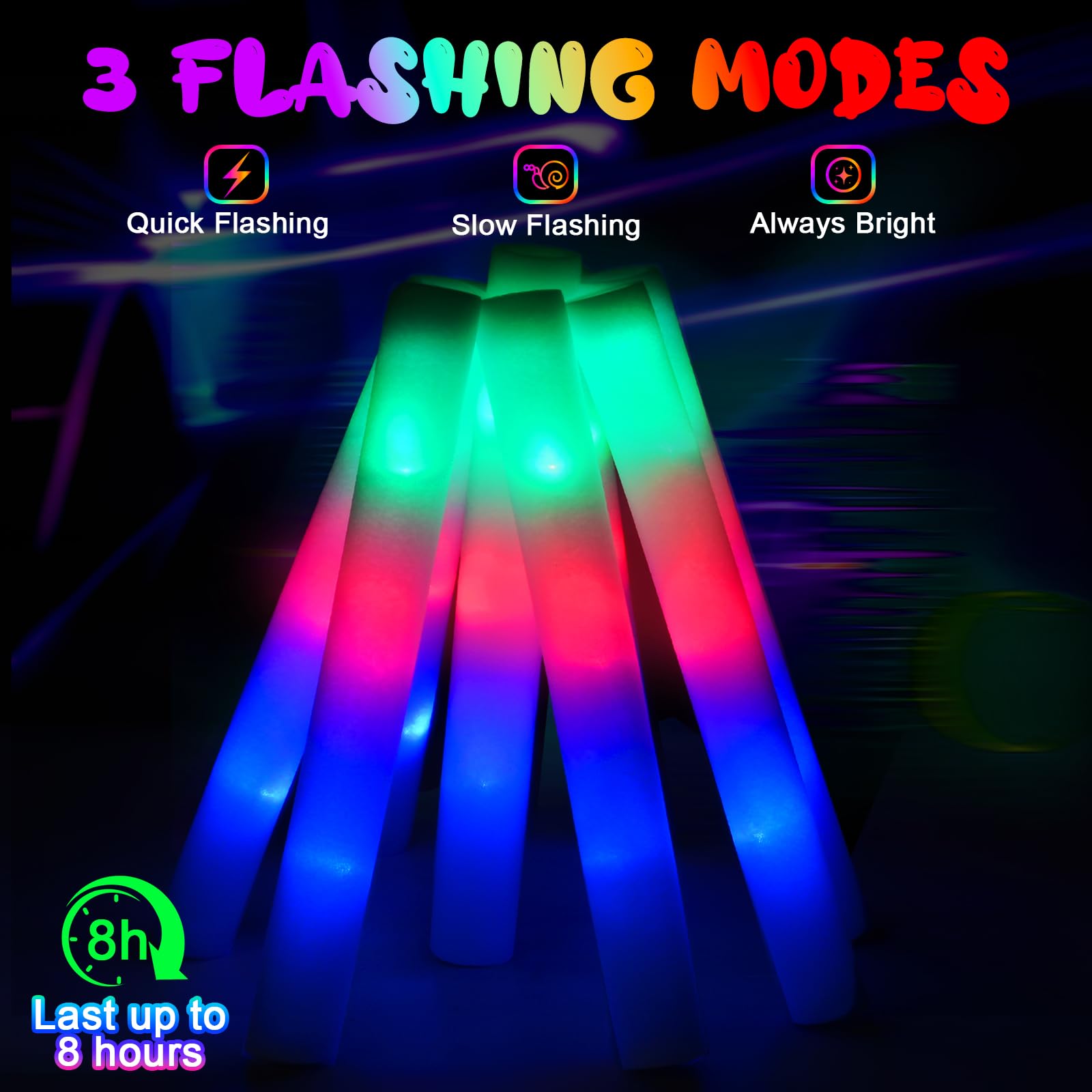 100 PCS Foam Glow Sticks Bulk - 3 Mode Colorful Flashing LED Light Sticks for Parties, Raves, Concerts | Glow in The Dark Party Supplies for Wedding, Birthday, Christmas, New Year Celebrations | Perfect for Night Events, Pool Parties, Halloween & Festivals