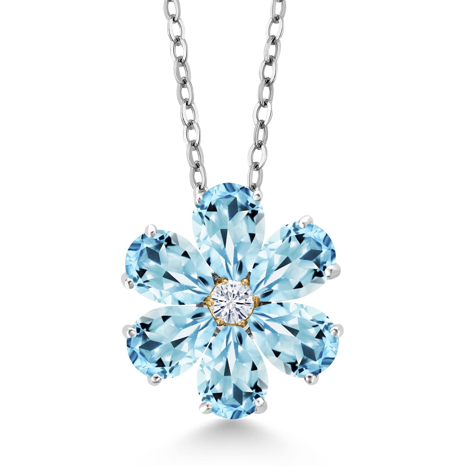 925 Sterling Silver & 10K Yellow Gold Pear Shape Floral Pendant Necklace with Sky Blue Topaz & Moissanite (3.07 CTTW) - Elegant Jewelry Gift for Women, Perfect for Weddings, Anniversaries & Special Occasions