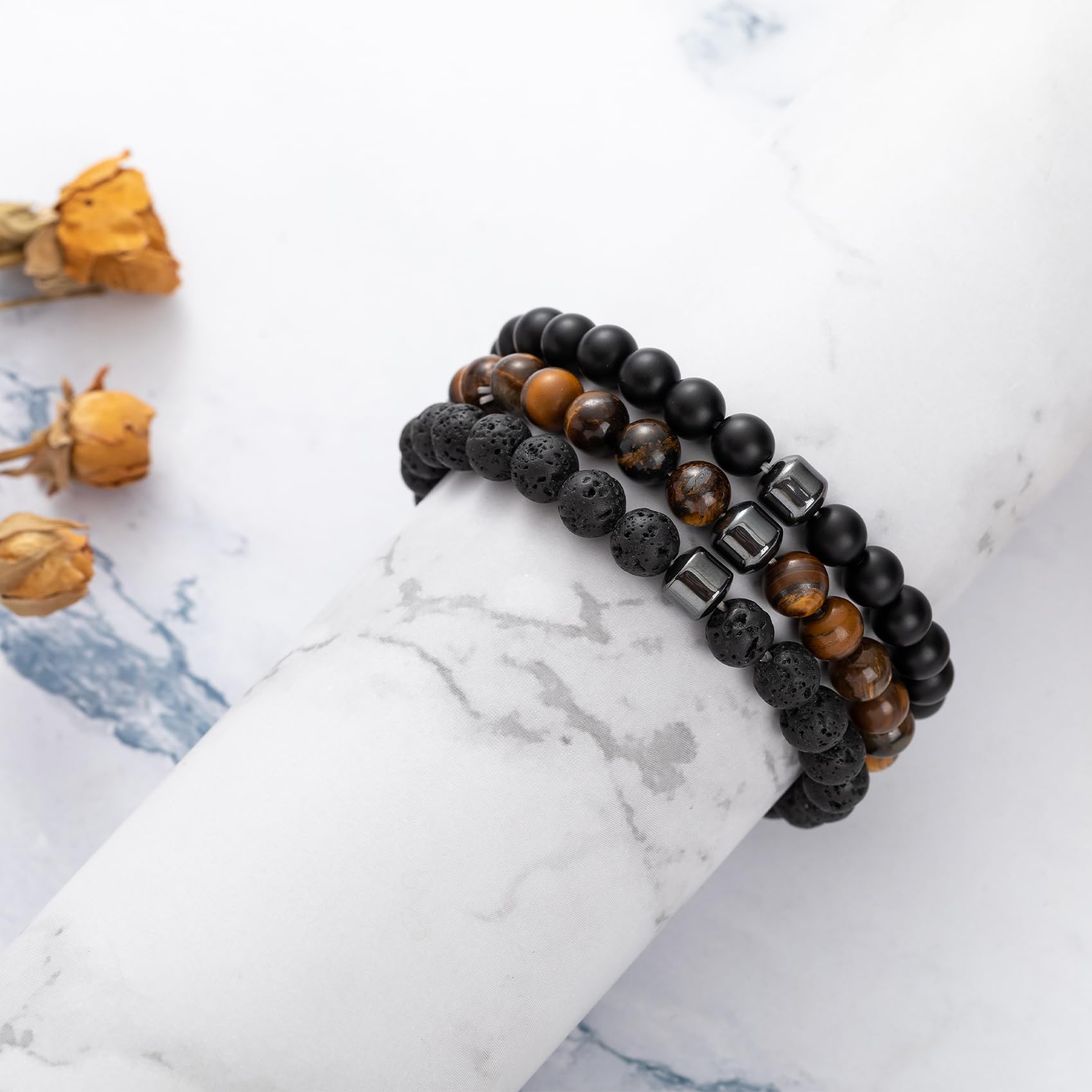 MOROTOLE Men's Beaded Bracelet Set - 8MM Natural Tiger Eye Stone & Lava Rock Stretch Bracelet with Black Crystal Beads - Adjustable for Wrist Sizes - Perfect Gift for Men, Father, Boyfriend, Brother - Ideal for Casual Wear, Office, and Outdoor Adventures