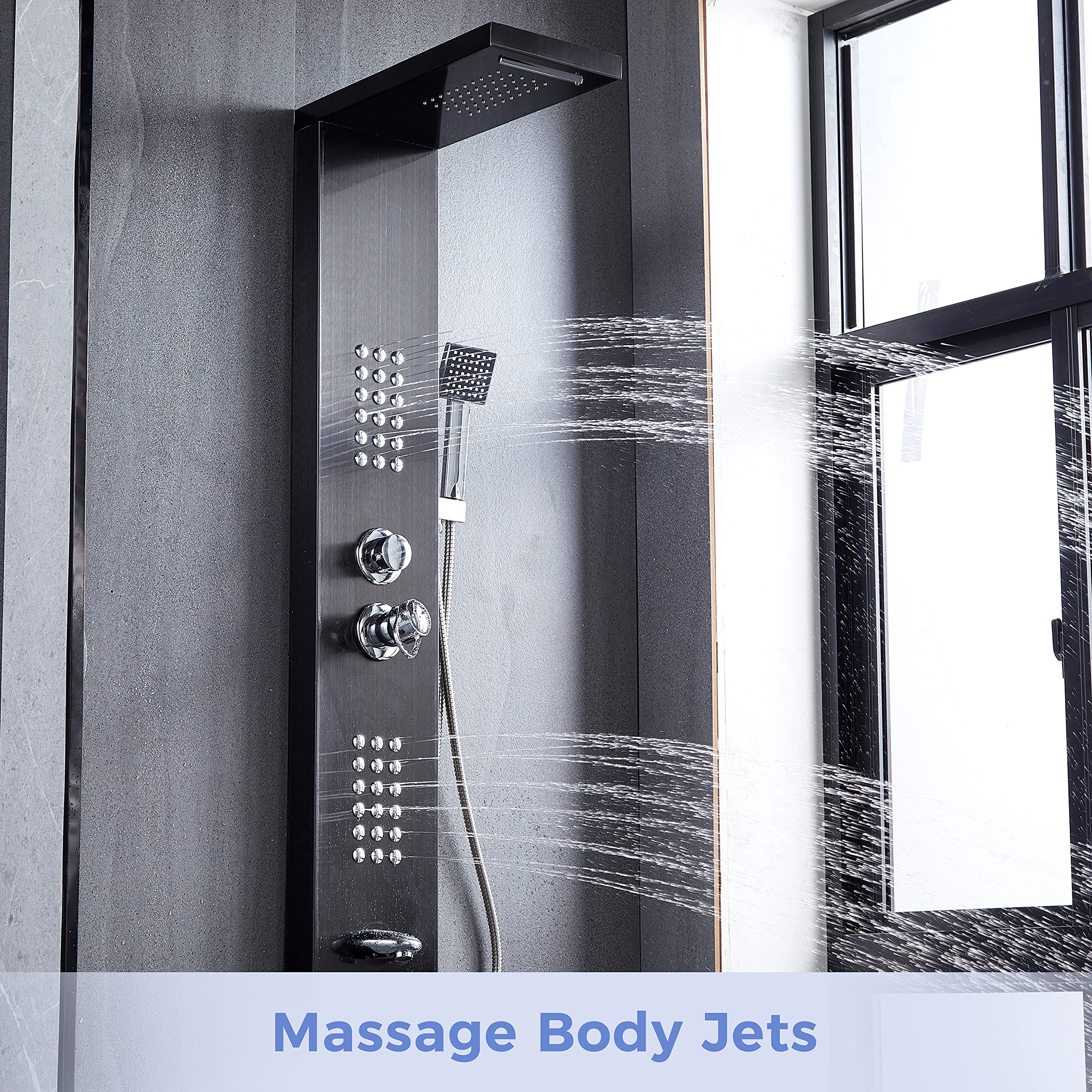 Delavin Multi-Function Shower Panel System - Stainless Steel Rainfall & Waterfall Shower Tower with Body Jets, Tub Spout & Handheld Shower | Brushed Black Finish | Perfect for Luxury Bathroom Renovation & Spa-Like Shower Experience