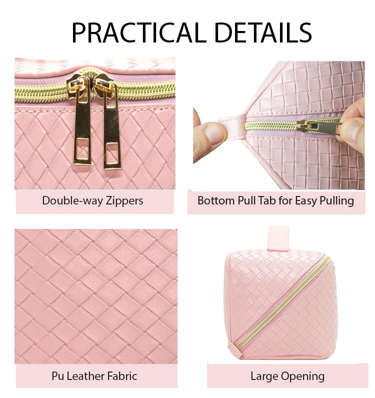 BV BULVERI Large Capacity Waterproof PU Leather Makeup Bag - Travel Cosmetic Organizer for Women, Pink | Perfect for Toiletries, Brushes & Travel Essentials | Portable Flat Open Pouch for Home & Vacation Use