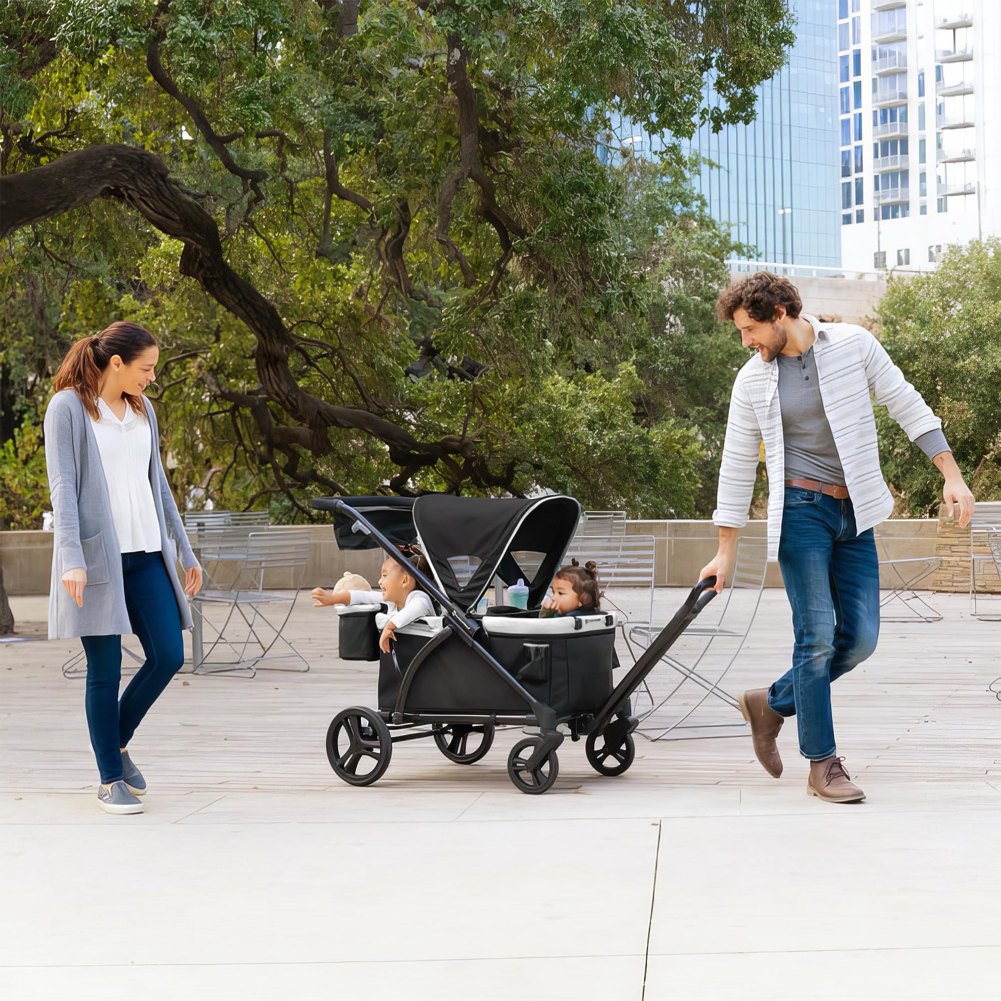Baby Trend Expedition 2-in-1 Collapsible Stroller Wagon with Canopy & Storage | Foldable Wagon for Kids | Includes Storage Basket, 2 Trays & 6 Bottle Holders | Perfect for Park Outings, Beach Trips & Family Adventures (Modern Khaki)