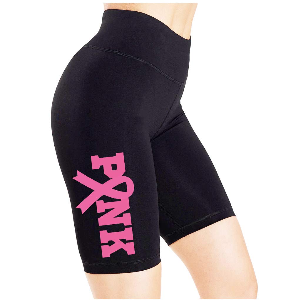 Koyotee Junior's Pink Breast Cancer Awareness Ribbon Athletic Biker Shorts - V608 Black Workout Shorts for Running, Yoga & Gym