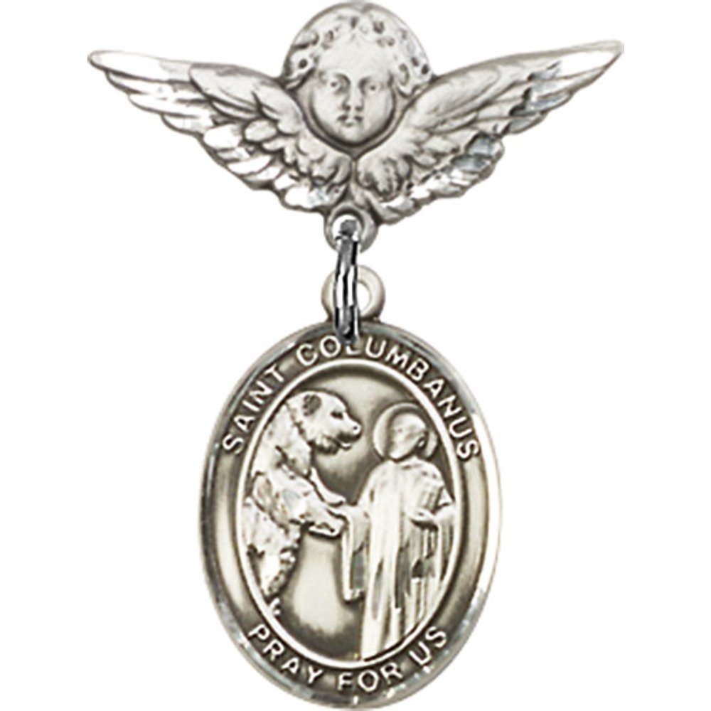 St. Columbanus Sterling Silver Baby Badge with Angel Wing Charm - 7/8 X 3/4 Inch Religious Jewelry Pin for Christening, Baptism & First Communion Gifts
