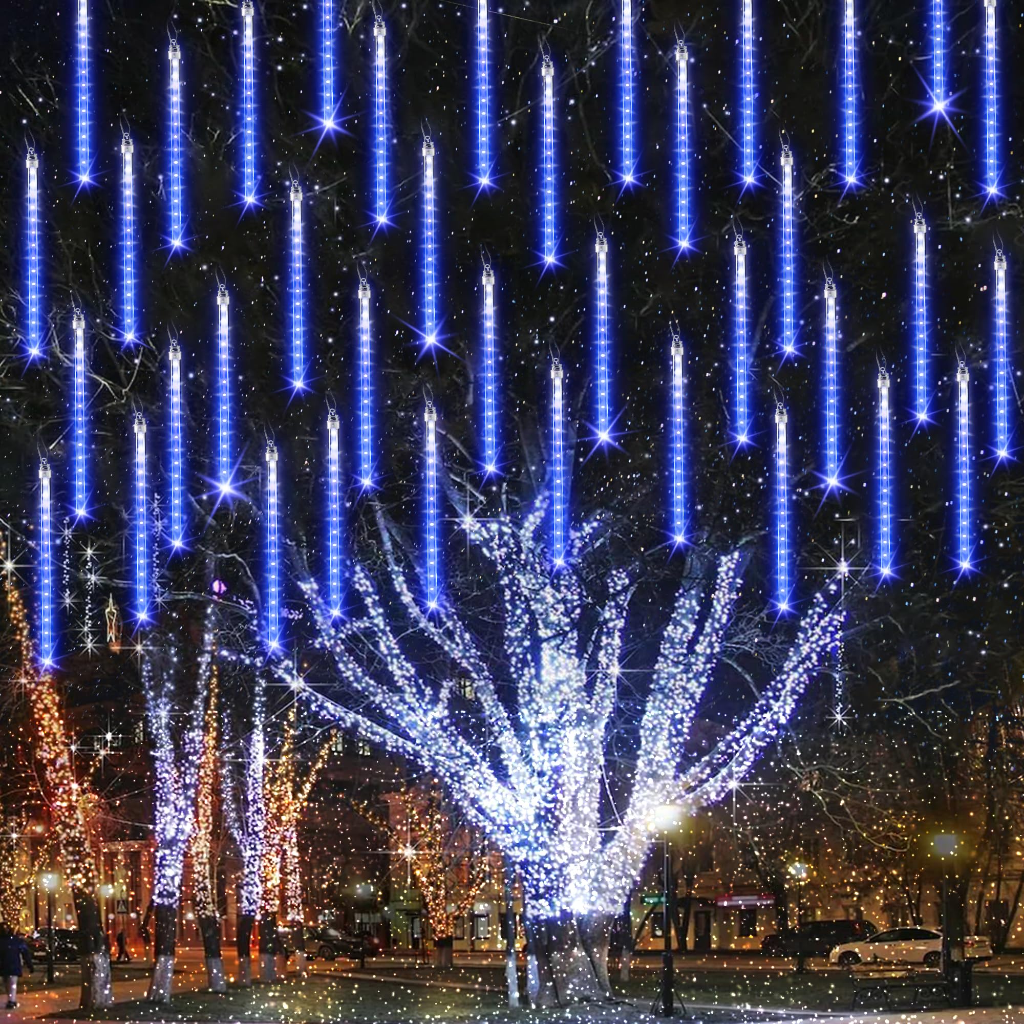 Joomer 11.8 Inch 240 LED Christmas Meteor Shower Lights - 10 Tube Waterproof Outdoor Snowfall Icicle Cascading Lights with Timer & Connectable Design | Perfect for Holiday Decorations, Winter Weddings, and Outdoor Party Lighting (Blue)