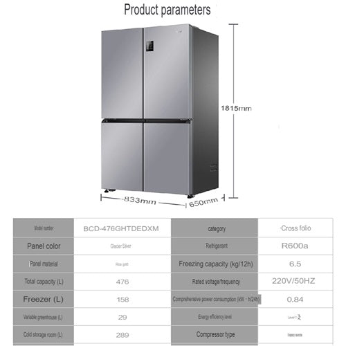 Haier BCD-476WGHTDEDXM 476L Energy Efficient 4-Door Refrigerator with 2-Year Warranty - Perfect for Large Families & Modern Kitchens