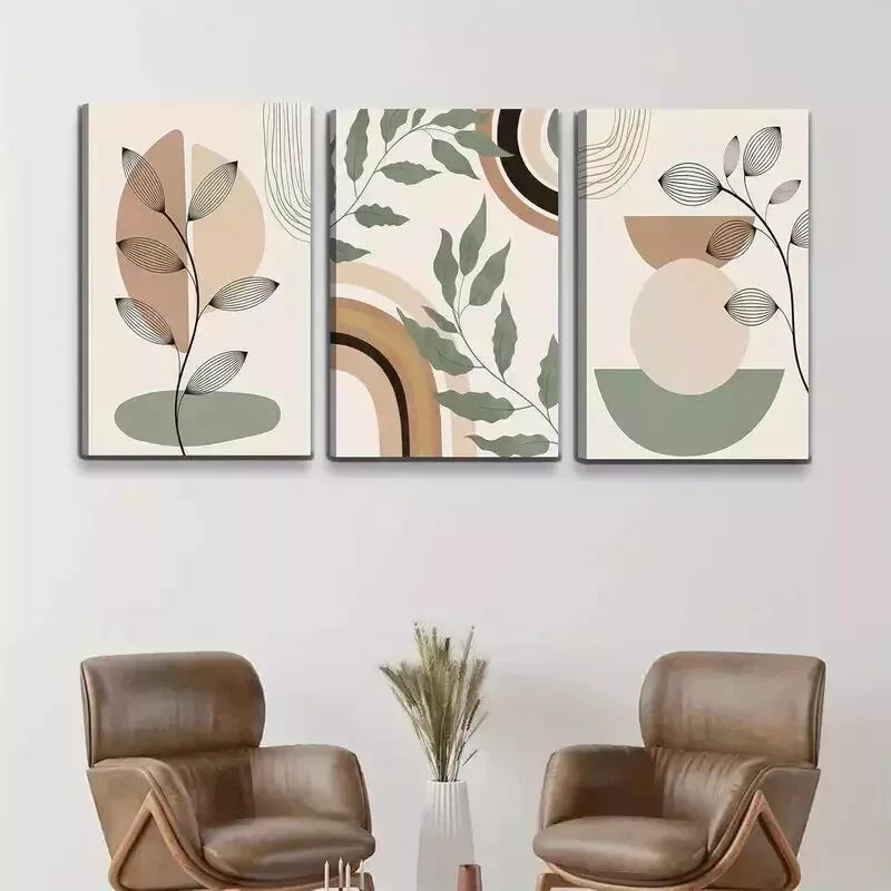 3-Piece Modern Minimalist Green Plant & Geometric Wall Art Set - 50x70cm Framed Canvas Prints - High Quality Australian Made - Ready to Hang - Perfect for Living Room, Bedroom & Office Decor