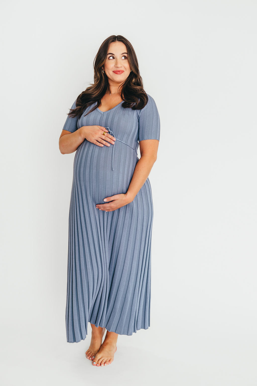 Oakley Ribbed Maxi Dress in Dusty Blue - Bump Friendly Maternity Dress for Women, Comfortable Stretchy Pregnancy Outfit, Perfect for Baby Showers, Maternity Photos & Everyday Wear