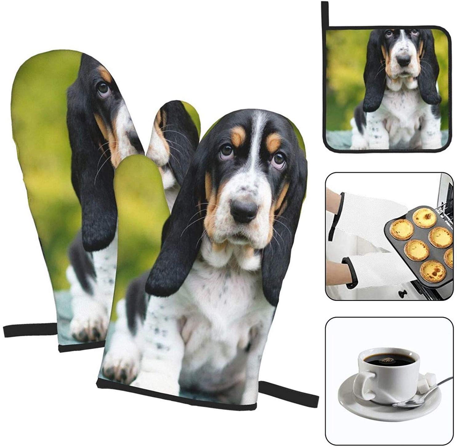 Basset Hound Oven Mitts and Pot Holders - Heat Resistant Non-Slip Kitchen Gloves for Cooking, Baking, Grilling & BBQ - Perfect for Baking Cookies, Roasting Turkey, and Outdoor Barbecues