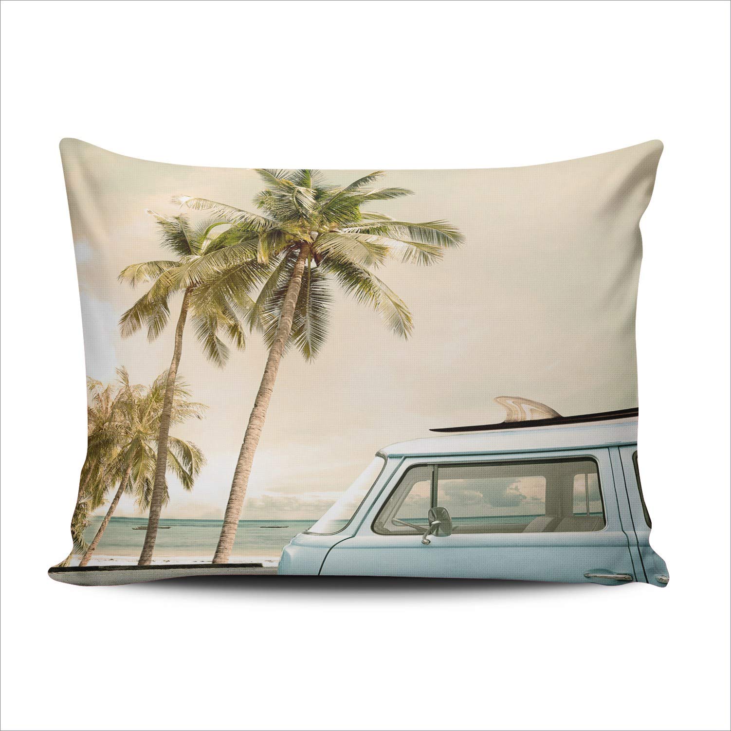 Tropical Beach Surfboard Car Throw Pillow Cover 12x20 Inch - Hidden Zipper Decorative Lumbar Pillow Case with Single-Side Print - Perfect for Living Room, Bedroom & Coastal Home Decor