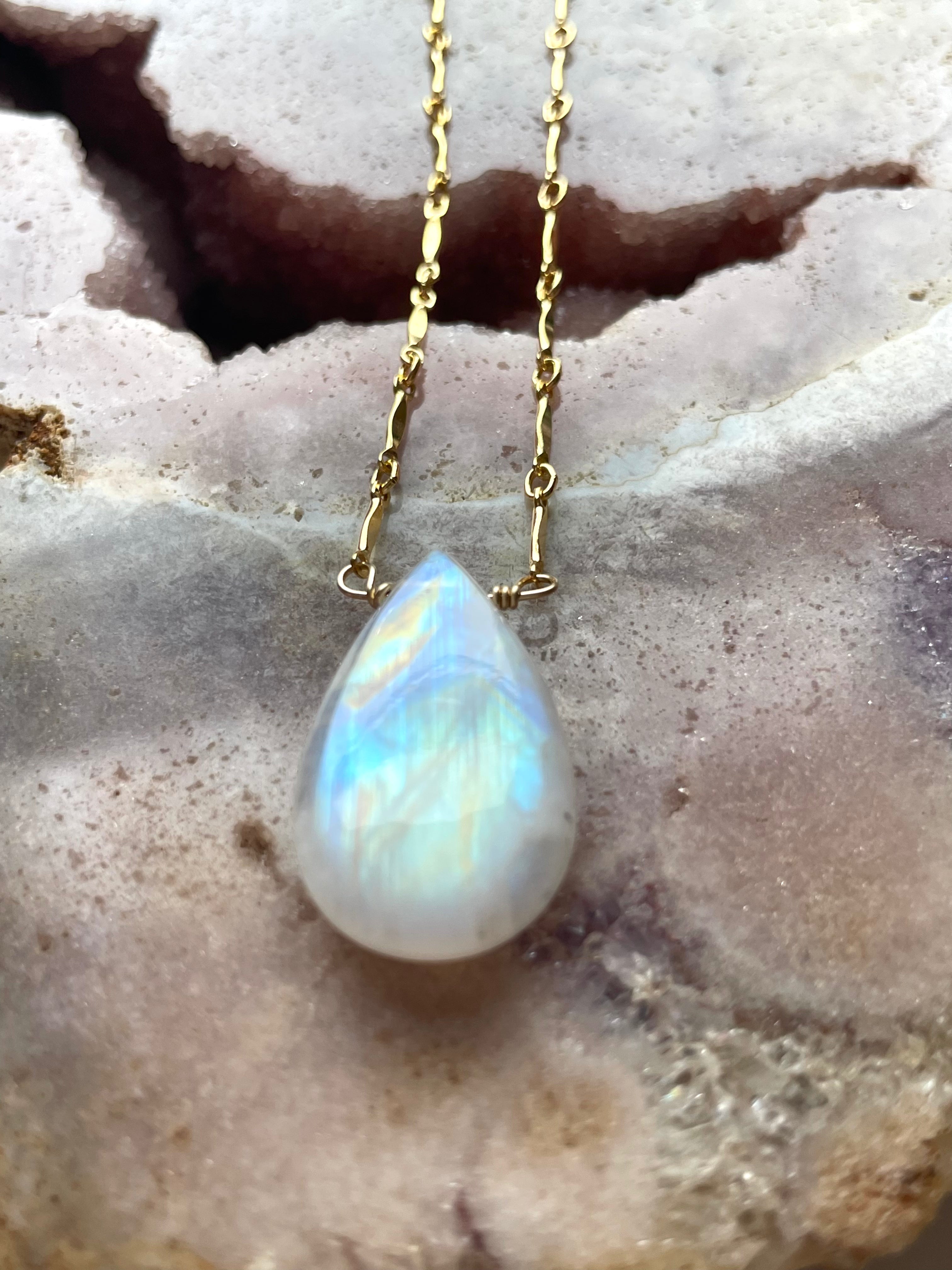 Large Statement Rainbow Moonstone Necklace 14K Gold Filled – Elegant Boho Jewelry for Women, Perfect for Weddings, Parties & Everyday Wear