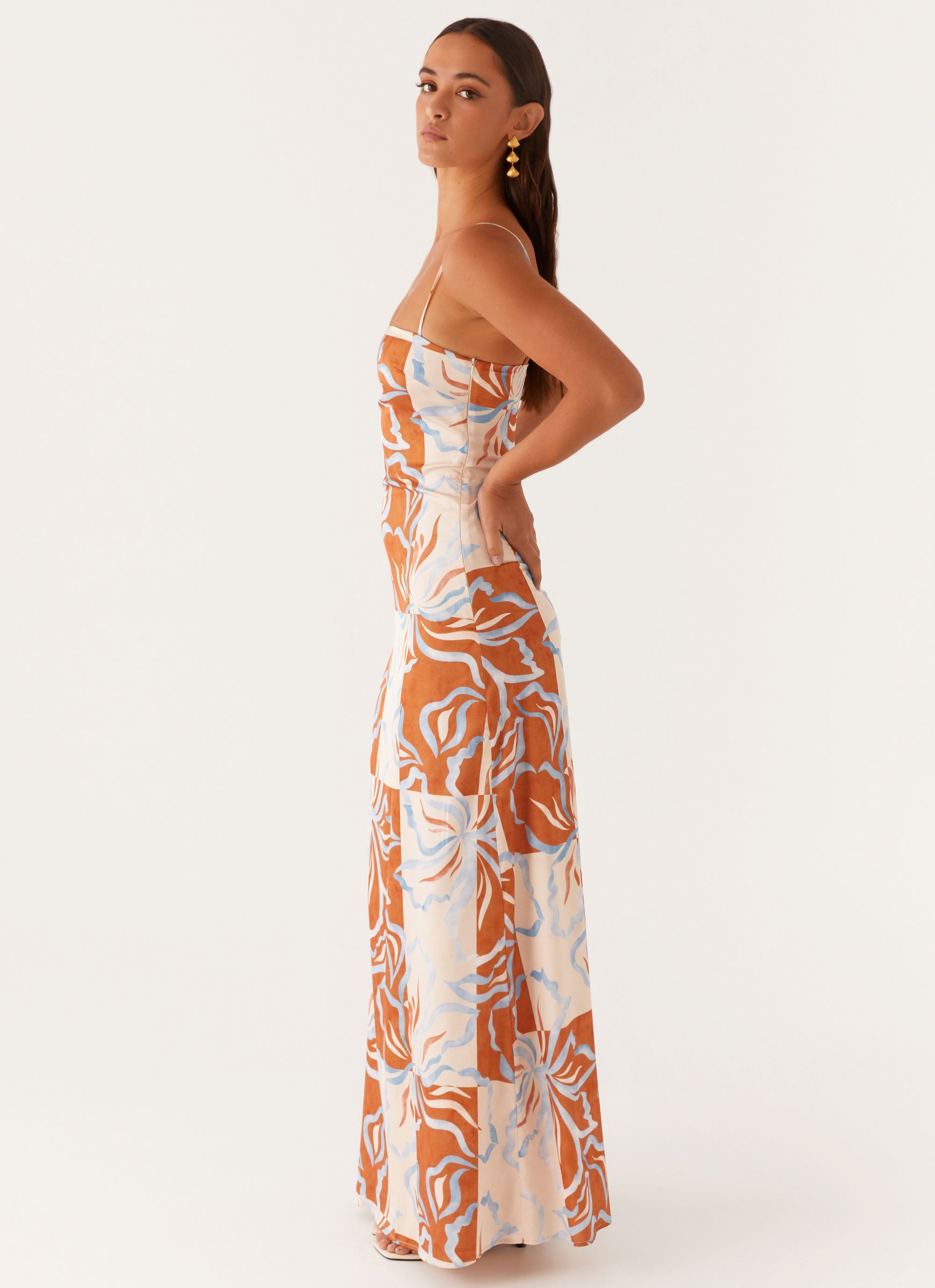 Aster Bloom Maxi Dress - Orange & Blue Floral Print Summer Dress for Women | Beach Vacation, Boho Party, Casual Outfit