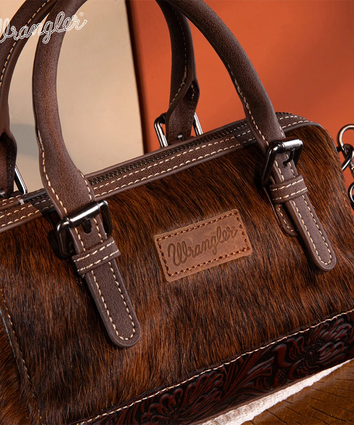 Wrangler Genuine Hair-On Cowhide Barrel Bag - Western Style Leather Crossbody Purse for Women | Perfect for Rodeo, Country Music Festivals & Everyday Use