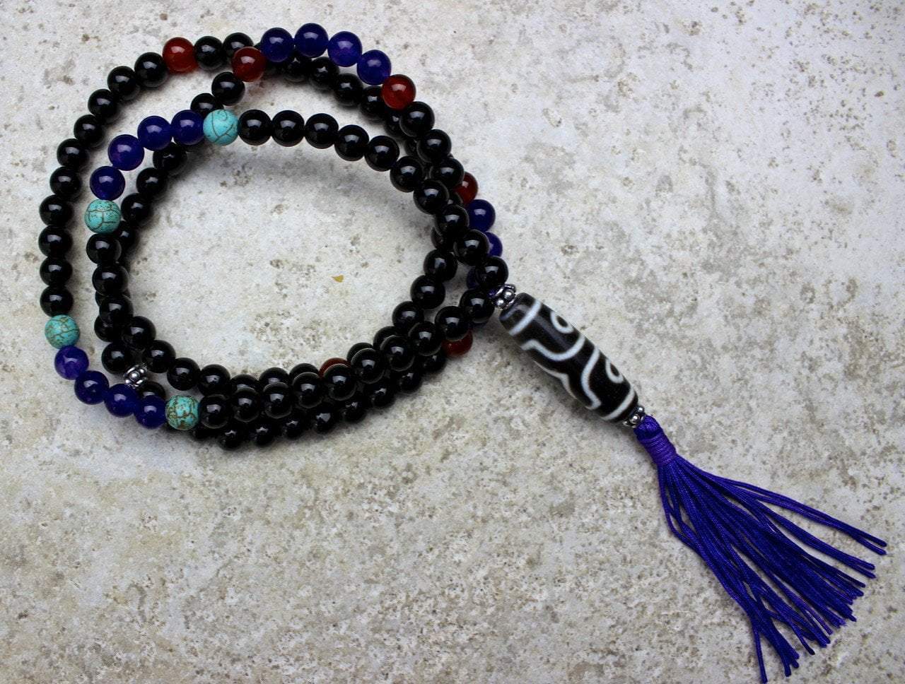 3 Eye Dzi Bead Mala Bracelet with Onyx and Amethyst - Tibetan Buddhist Prayer Beads for Meditation, Yoga & Spiritual Protection