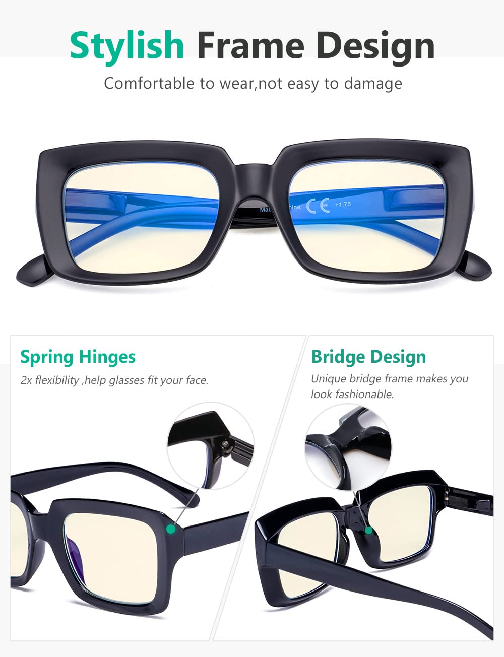 Eyekepper 4 Pack Blue Light Blocking Reading Glasses - Anti Glare Computer Glasses for Women & Men, Oversized Square Frame (0.00 Magnification) - Perfect for Office Work, Gaming & Screen Time