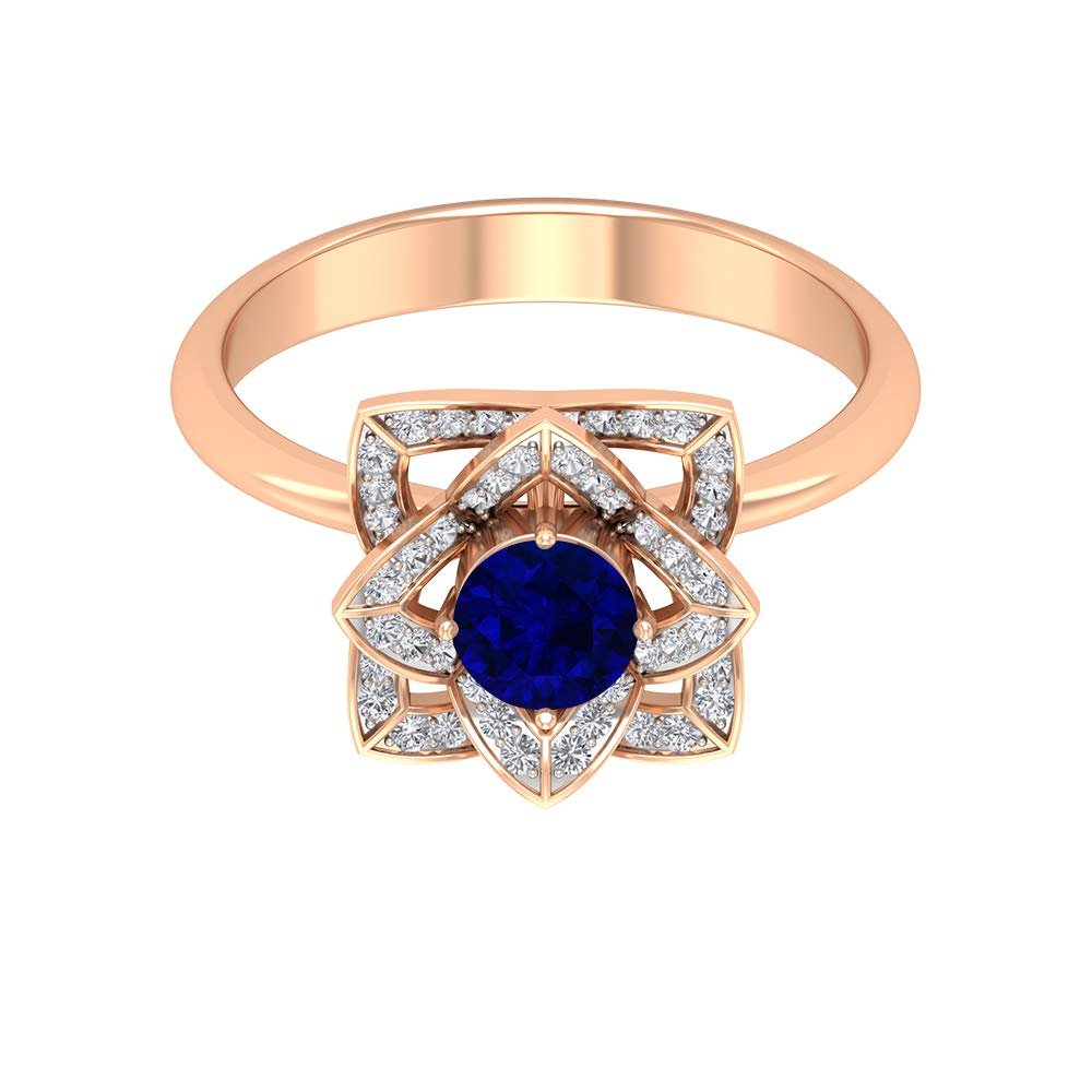 1 CT Blue Sapphire and Diamond Ring - 14K Solid Gold Vintage Engagement Ring with Floral Design | Perfect for Proposals, Anniversaries & Special Occasions