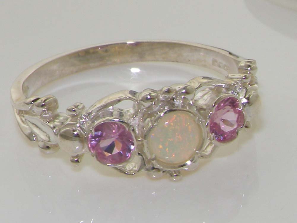 10k White Gold Genuine Opal & Pink Tourmaline Women's Band Ring - Elegant Stackable Ring for Everyday Wear, Anniversary Gift, Wedding Jewelry | LetsBuyGold