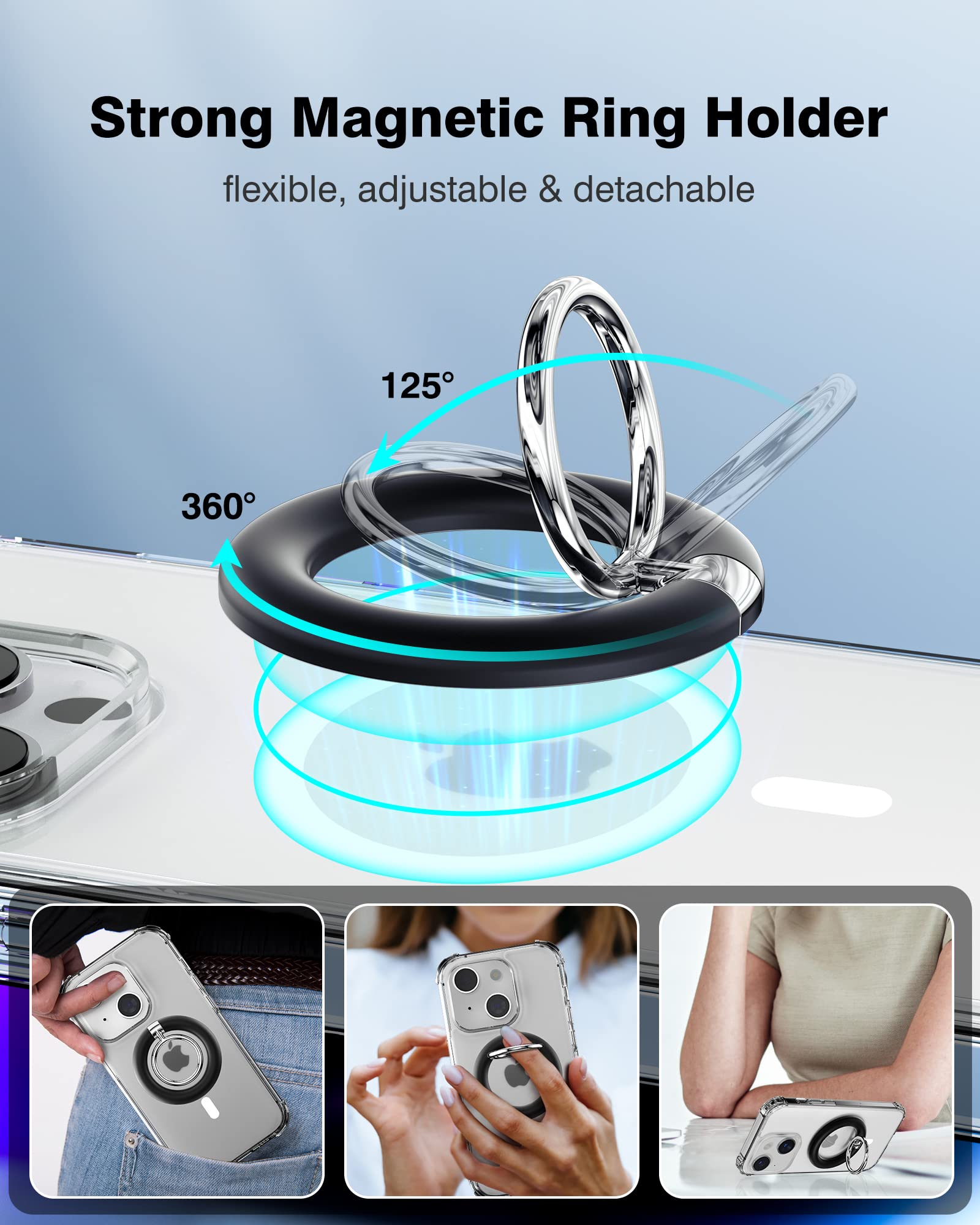 iPhone 14 Clear Magnetic Case with Military-Grade Protection | MagSafe Compatible | Built-in Finger Ring Grip & Stand Holder | Midnight Black | Perfect for Hands-Free Viewing & Secure Grip