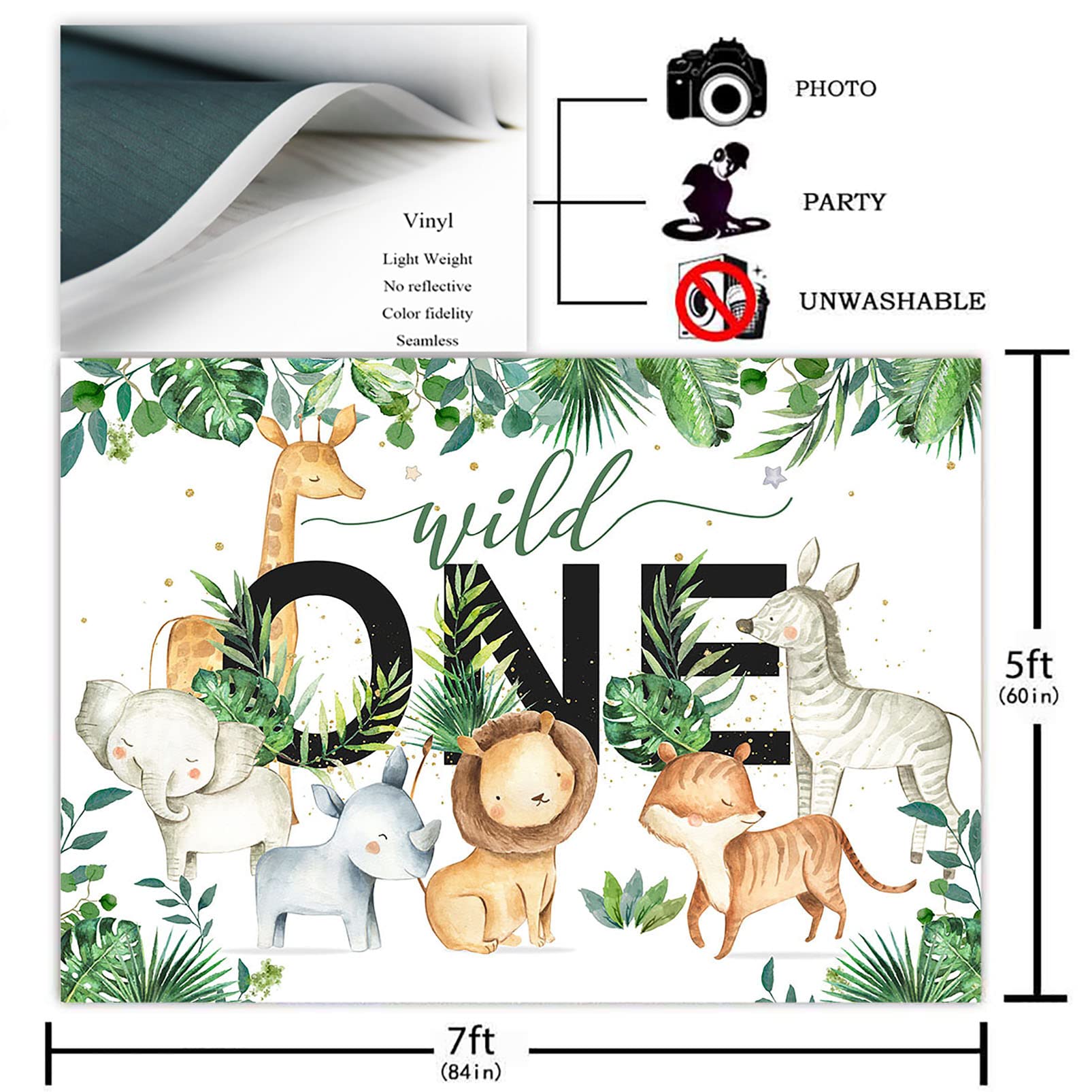 Avezano Wild One Safari Backdrop for Boys 1st Birthday Party Decorations - Jungle Animals Theme Photography Background for Photoshoot (7x5ft Green) - Perfect for Baby Showers, First Birthday Photos, and Jungle-Themed Events