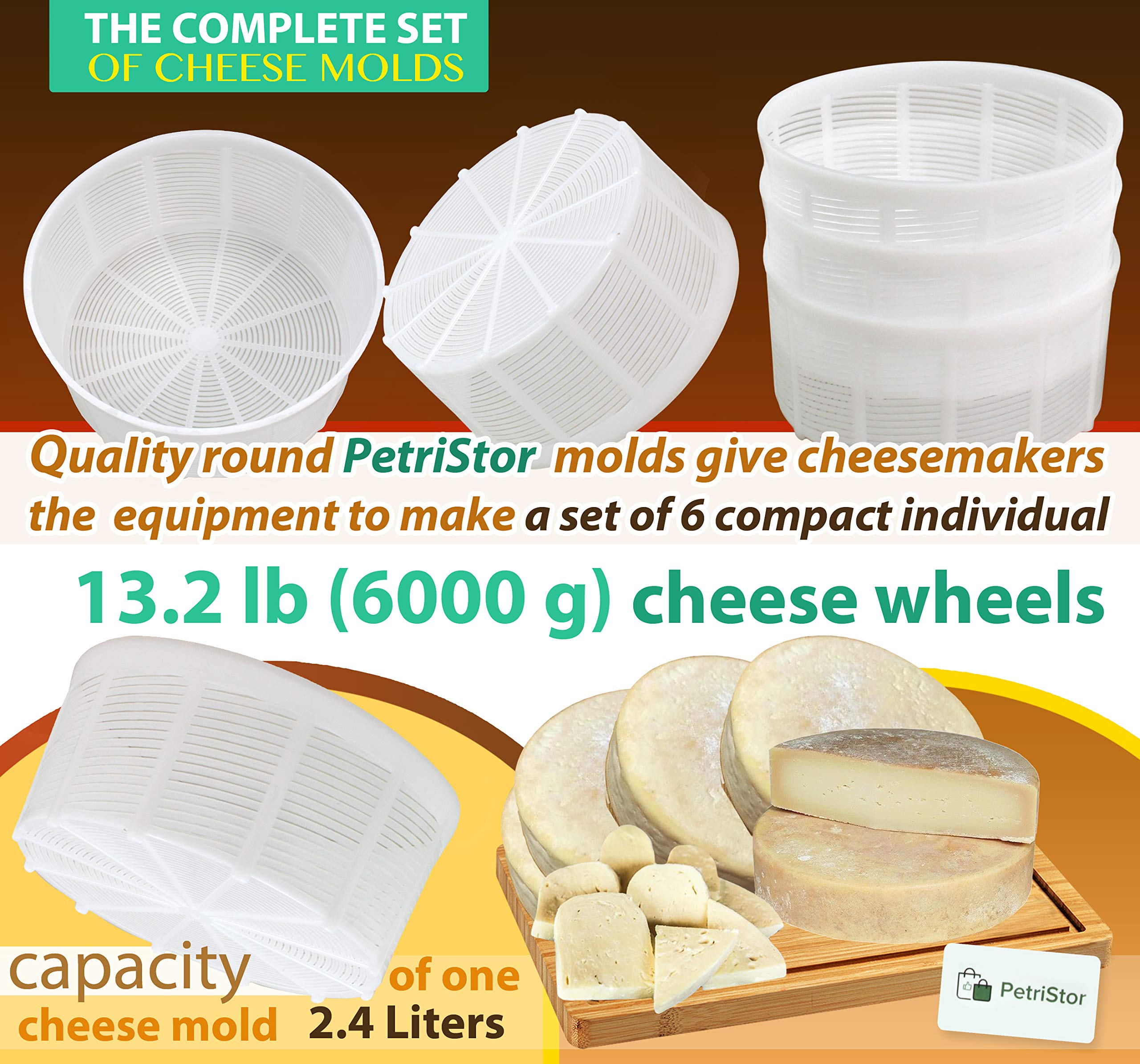 6-Piece Soft Cheese Mold Set for Homemade Cheese Making - 2.55QT Cream Cheese, Feta & Ricotta Mold - DIY Cheese Making Supplies with Basket - Perfect for Artisan Cheesemaking at Home or Small Dairy Farms
