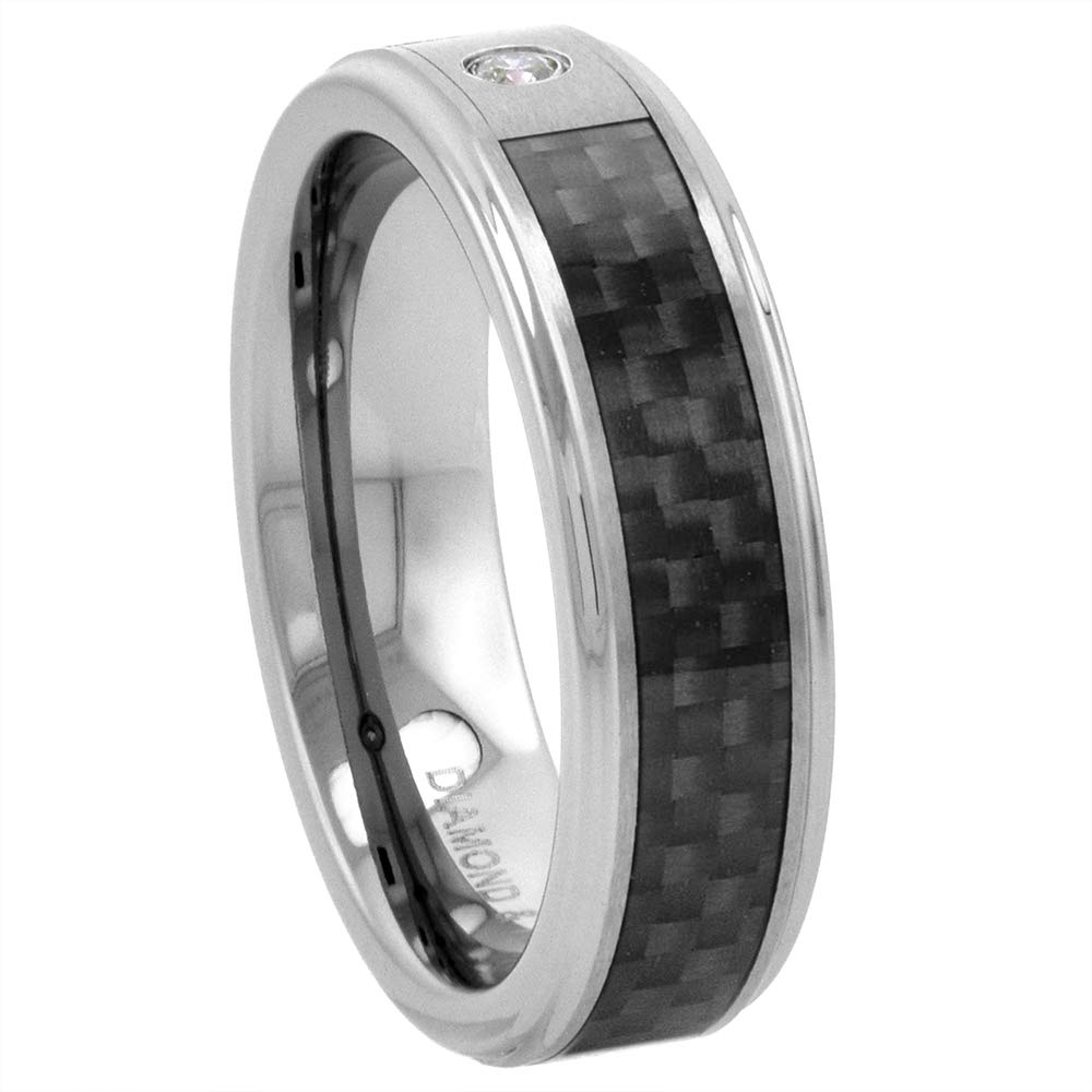 8mm & 6mm Tungsten Diamond Wedding Band for Men & Women - Black Carbon Fiber Inlay, Beveled Edges, Comfort Fit (Sizes 4-13) - Perfect for Anniversaries, Engagements & Everyday Wear
