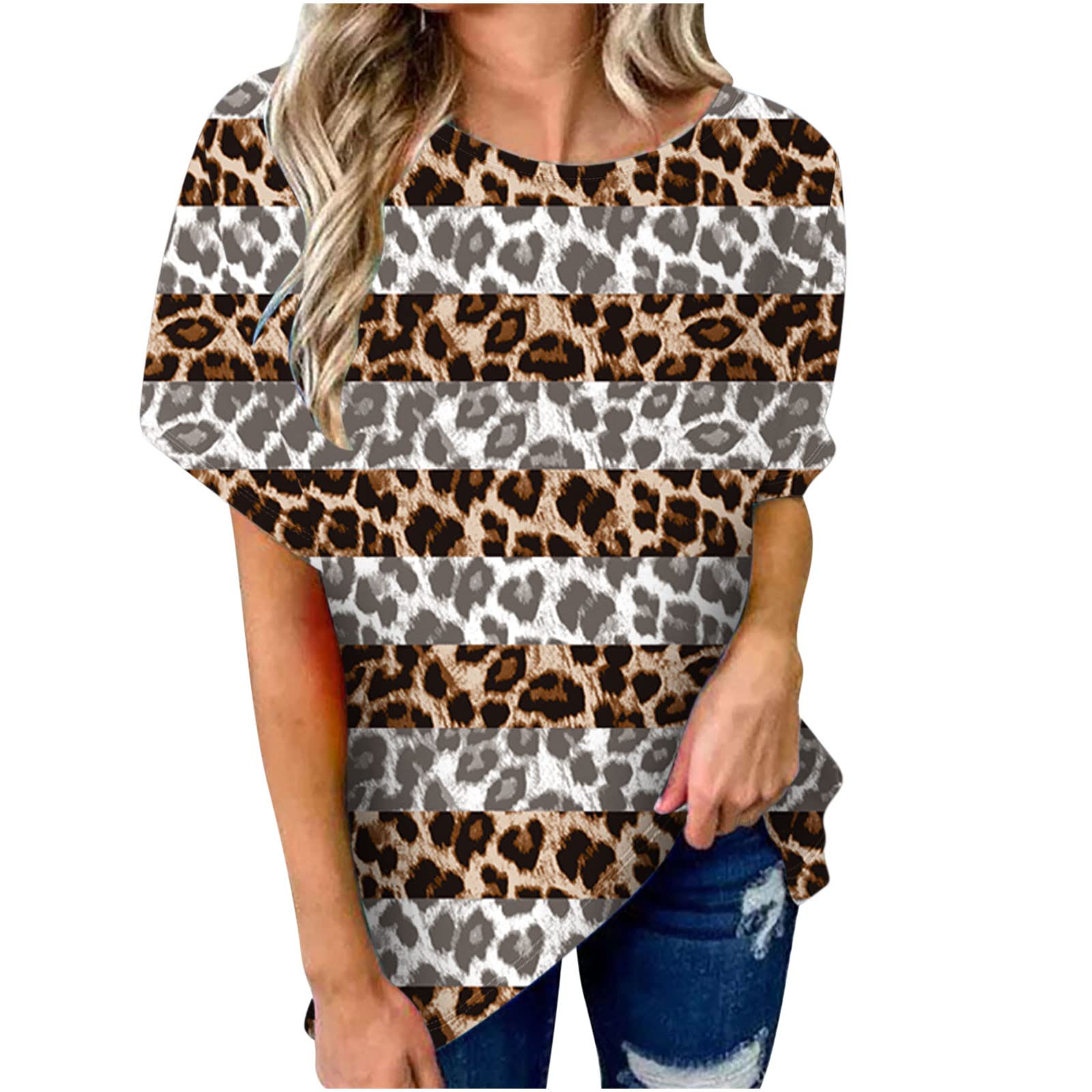 Women's Open Back Shirts - Leopard Print Bat Sleeve Tops with Feather Graphic | Summer Going Out Tees for Parties, Beach & Nightlife