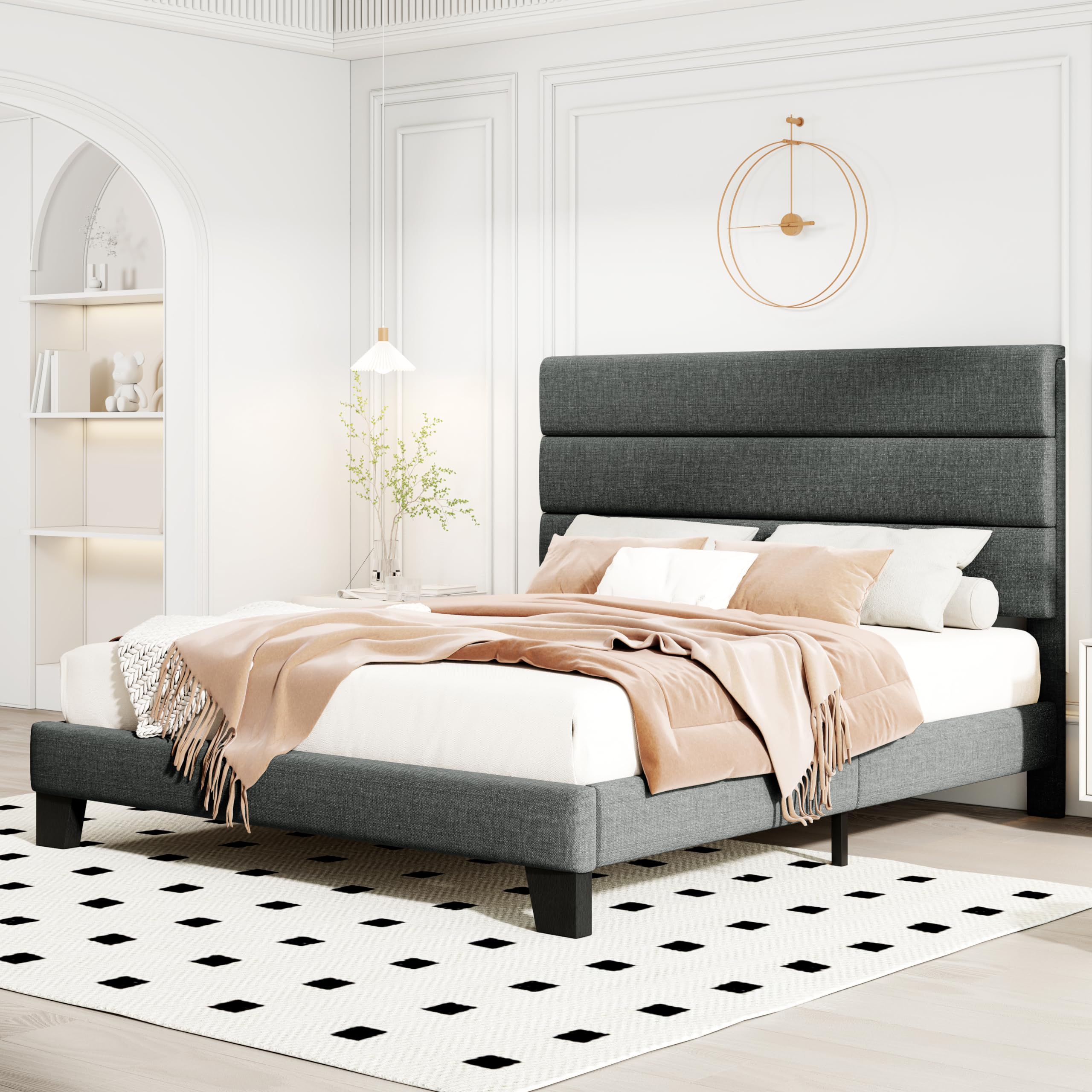 HOOMIC Full Size Bed Frame with Headboard - Dark Grey Upholstered Platform Bed with Wood Slat Support | No Box Spring Needed | Sturdy Mattress Foundation for Master Bedroom, Guest Room & Dorm