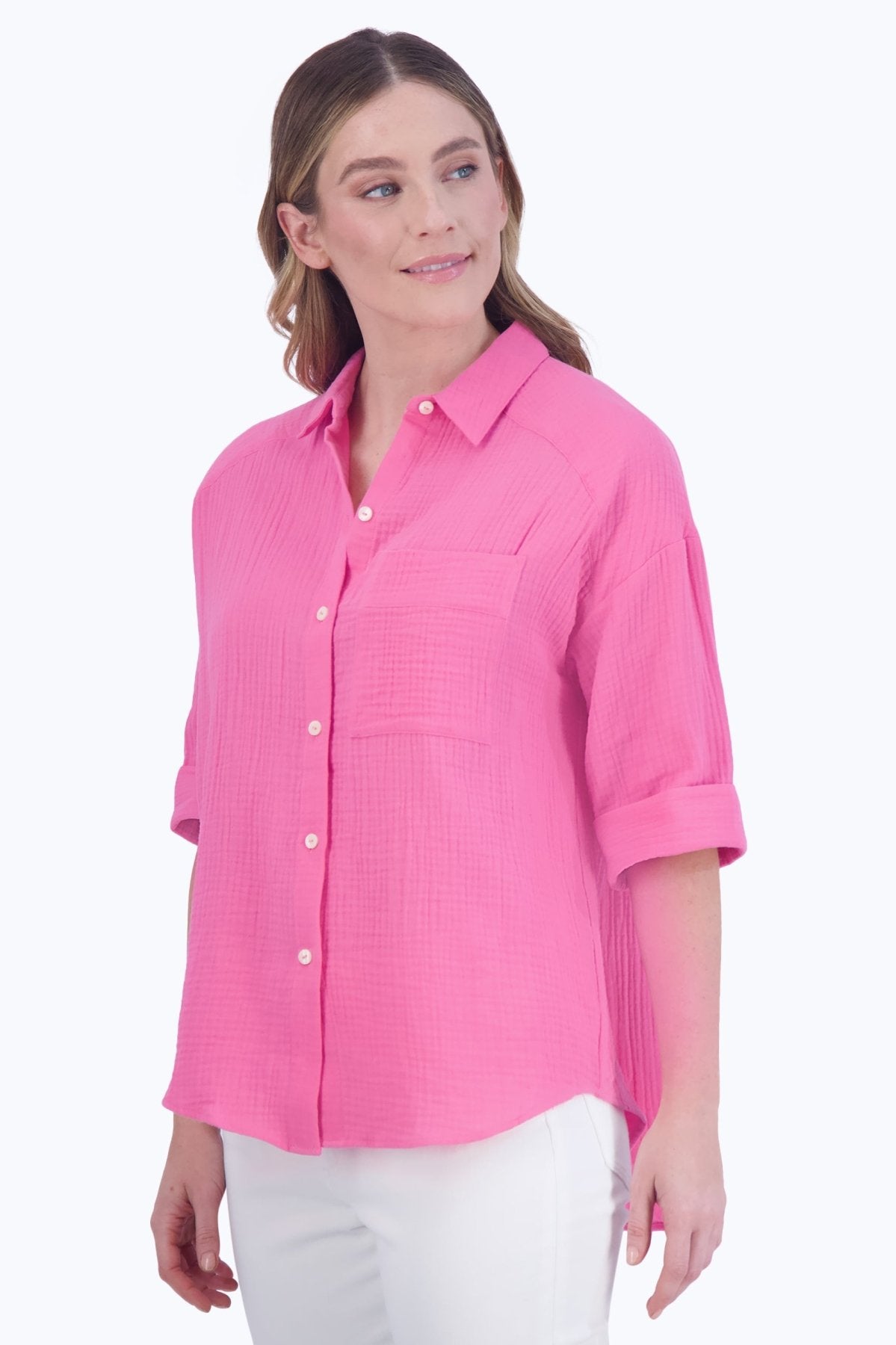 Joanna Women's Cotton Gauze 3/4 Sleeve Tunic Top - Soft Breathable Loose Fit Blouse for Casual Wear & Summer Outfits