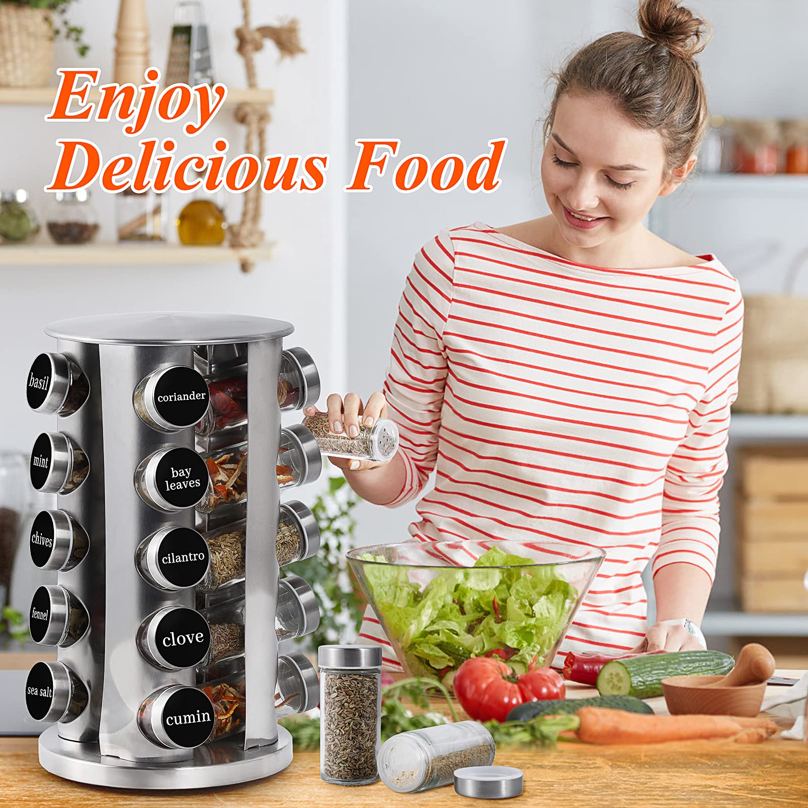 2-Tier Revolving Spice Rack Organizer with 20 Jars & Labels - 360° Rotating Stainless Steel Spice Carousel for Kitchen Countertop or Cabinet Storage - Perfect for Cooking, Baking & Organizing Spices