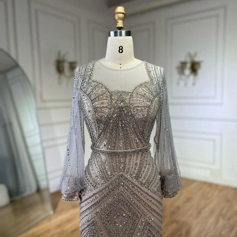 Elegant Arabic Silver Beaded Mermaid Evening Gowns for Women - Luxury Dubai Wedding & Party Dresses 2025 | Perfect for Bridal Showers, Red Carpet Events & Formal Occasions