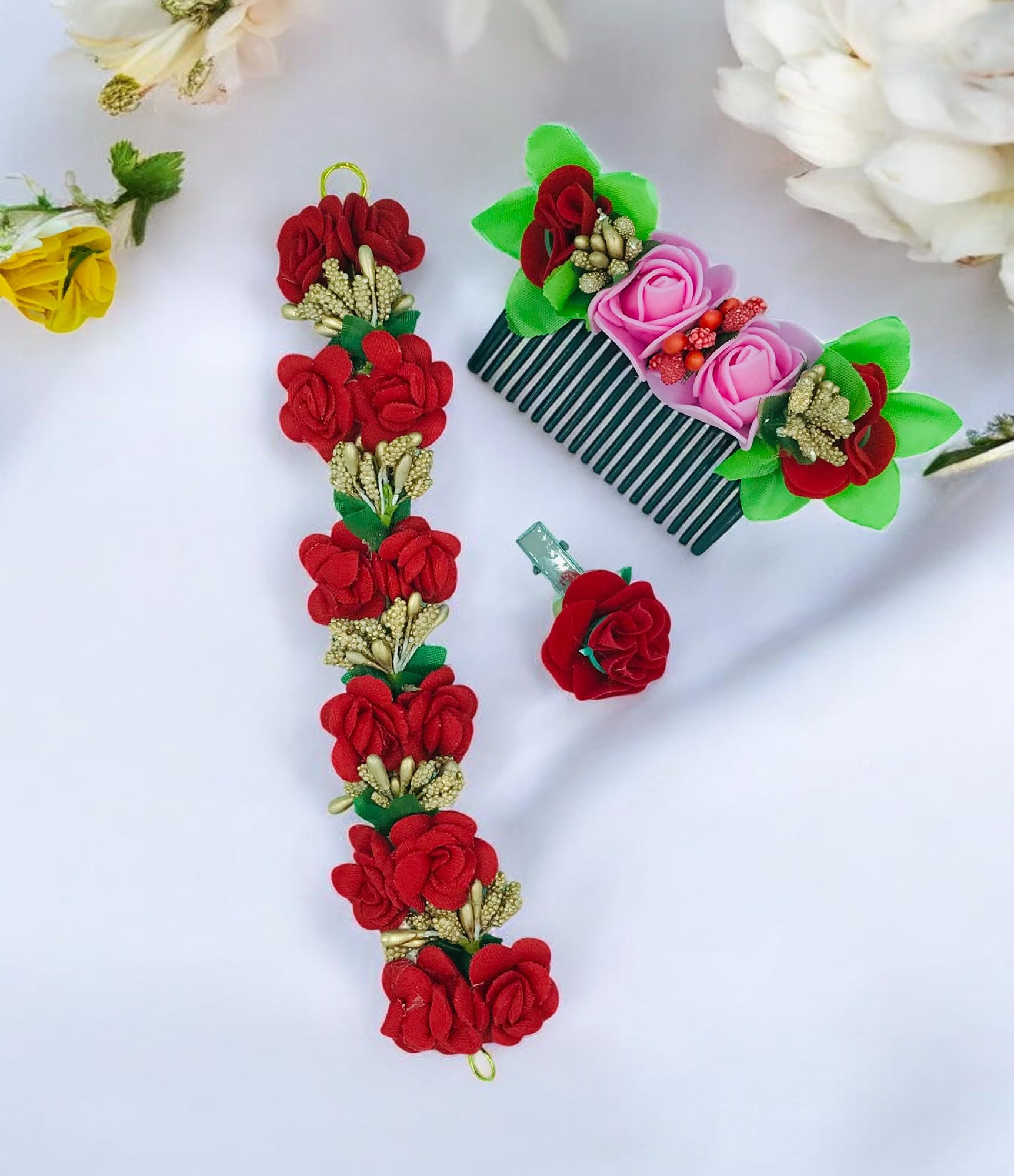 GadinFashion 3-Piece Red Hair Accessories Set - Floral Hair Gajra, Hair Flower Pin & Comb for Women & Girls | Perfect for Weddings, Parties & Special Occasions