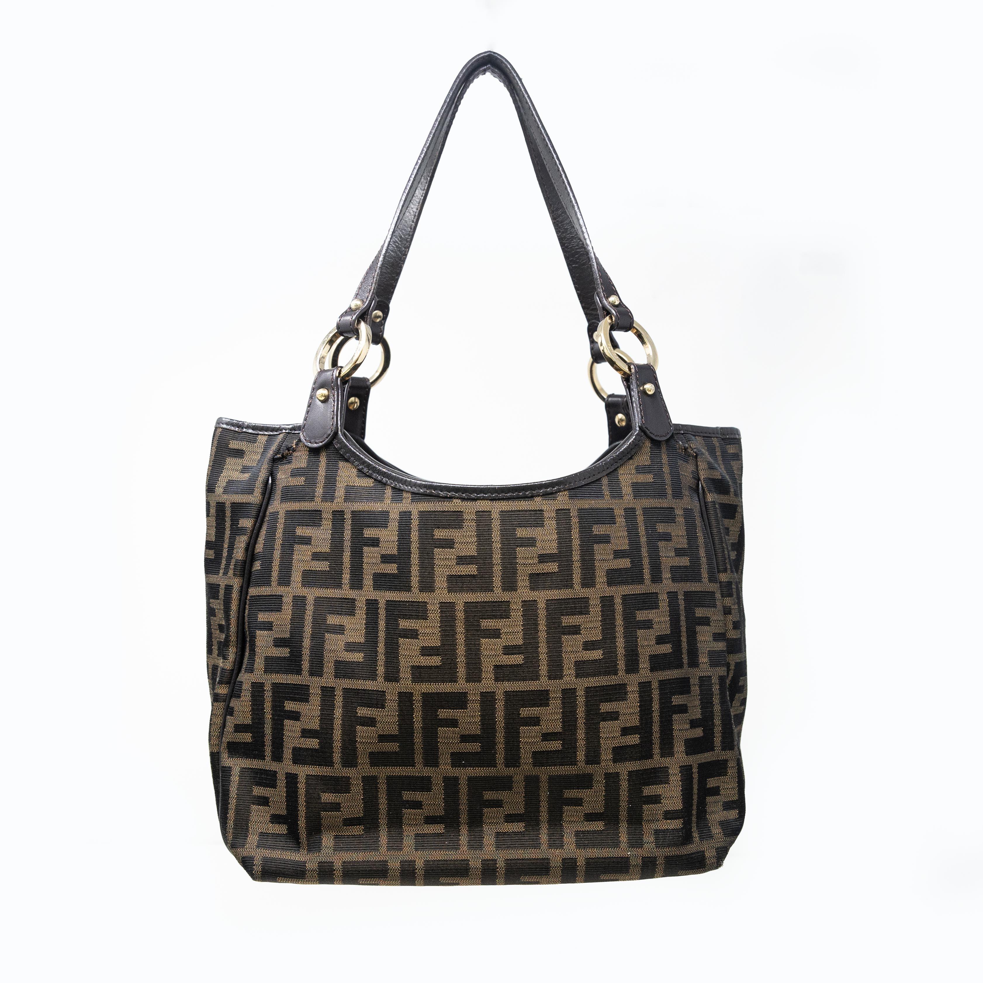 Fendi Zucca Print Brown Leather Shoulder Bag for Women - Stylish Designer Handbag Perfect for Work, Travel & Everyday Use