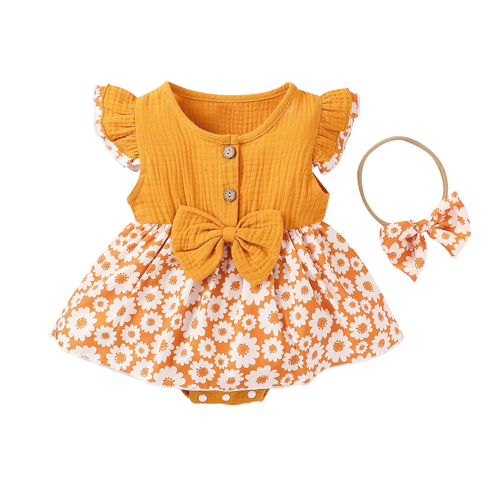 Newborn Baby Girl Floral Ribbed Bow Dress & Headband Set - Cute Summer Outfits for Photoshoots, Parties & Special Occasions