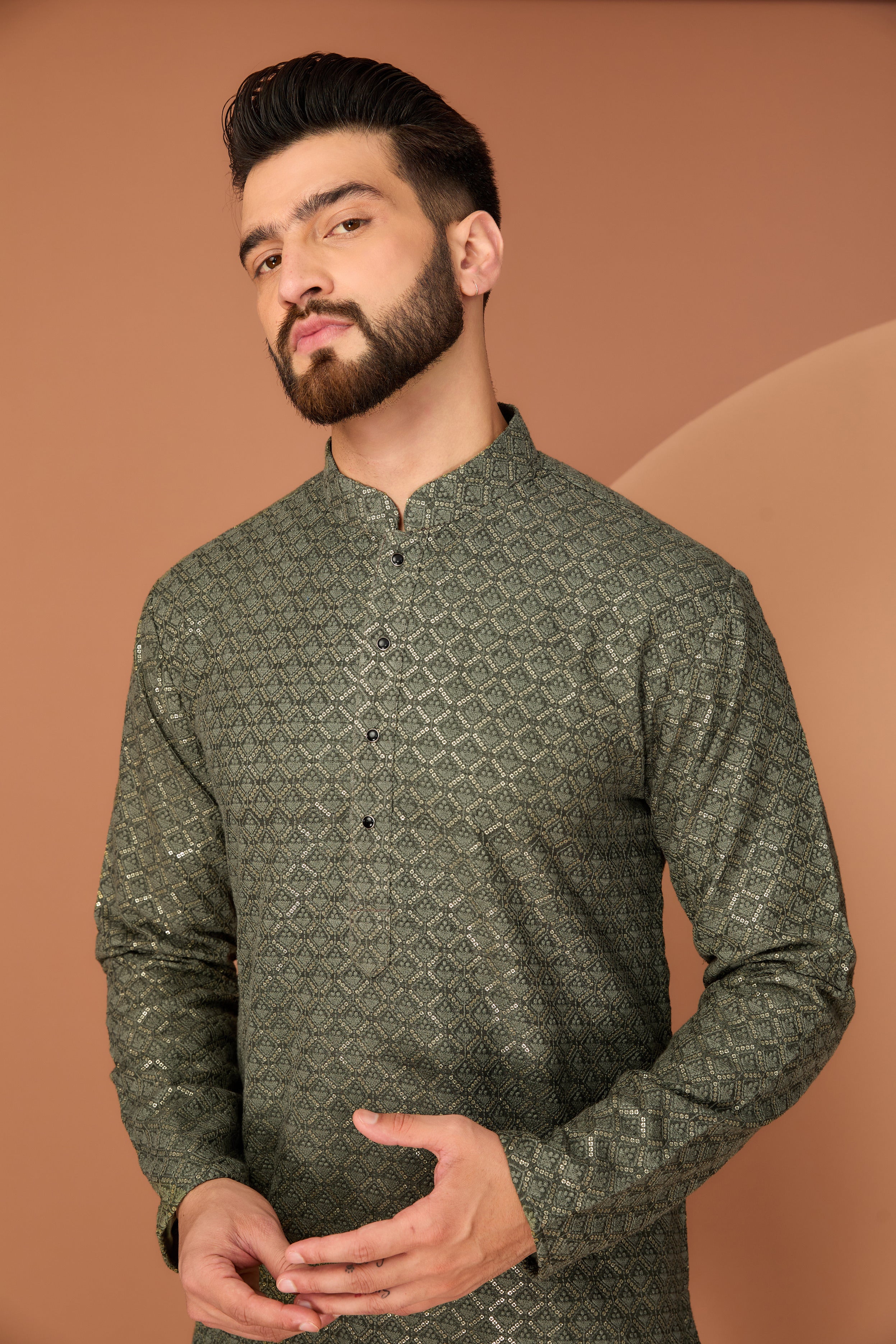 Stylish Military Green Embroidered Kurta for Men - Geometric Design Ethnic Wear - Perfect for Festivals, Weddings & Casual Outings