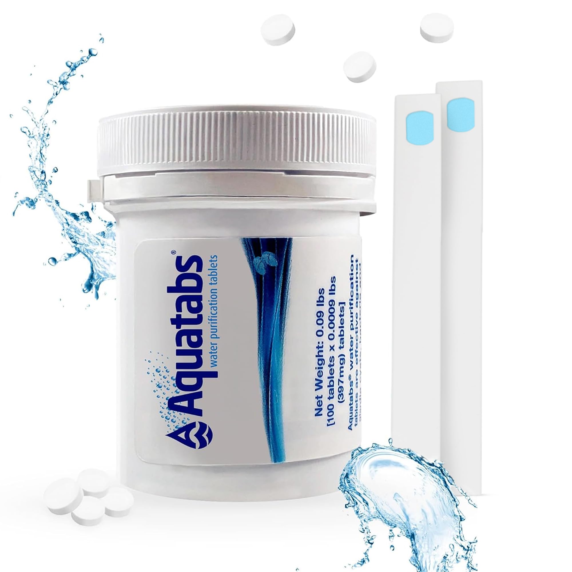 Aquatabs Water Purification Tablets - 100 Count with 2 Free Chlorine Test Strips | Emergency Water Treatment for Camping, Hiking, Travel & Survival | Portable Water Purifier for Boats, RVs & Outdoor Adventures