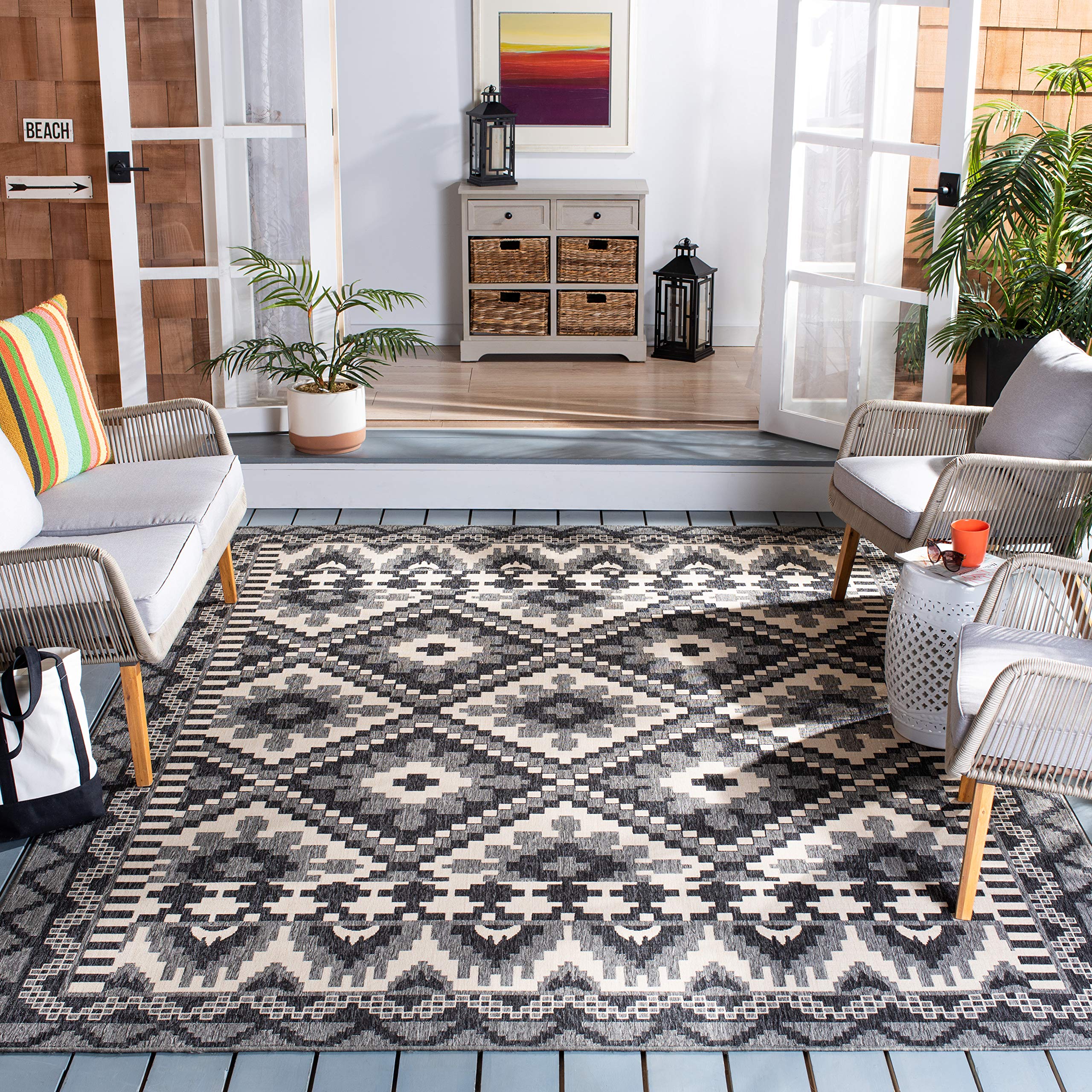 SAFAVIEH Veranda Collection 8' x 11' Grey & Beige Boho Chic Area Rug - Non-Shedding, Easy Care, Washable Indoor Outdoor Rug for Living Room, Bedroom, Patio, Backyard, Mudroom (VER096-3435)