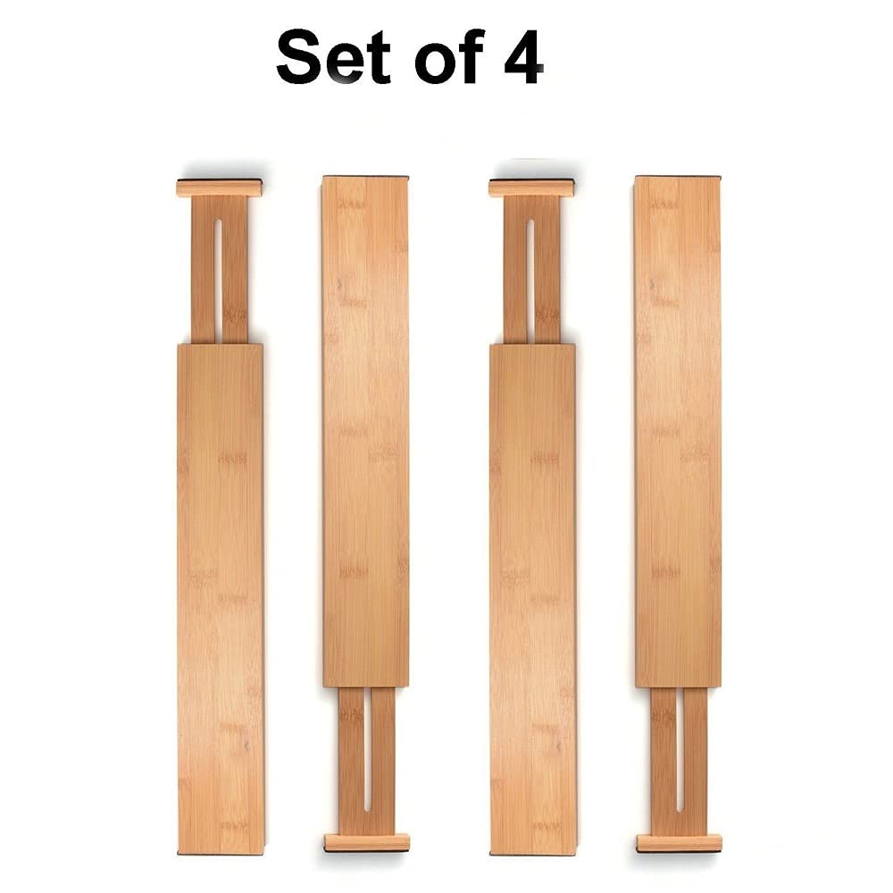 Bamboo Drawer Dividers Set of 4 - Adjustable Kitchen, Bedroom, Bathroom & Office Organizer for Dresser Drawers (17