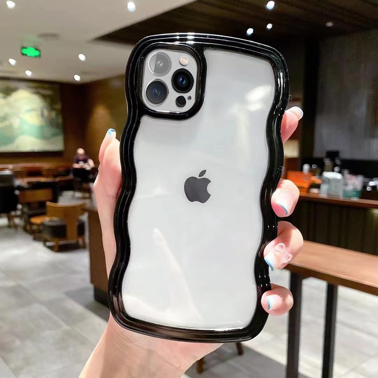 Clear Shockproof iPhone 15 Pro Case with Cute Curly Wave Frame - Soft Protective Phone Cover for Women & Girls (Black) | Perfect for Everyday Use, Travel & Gift Giving