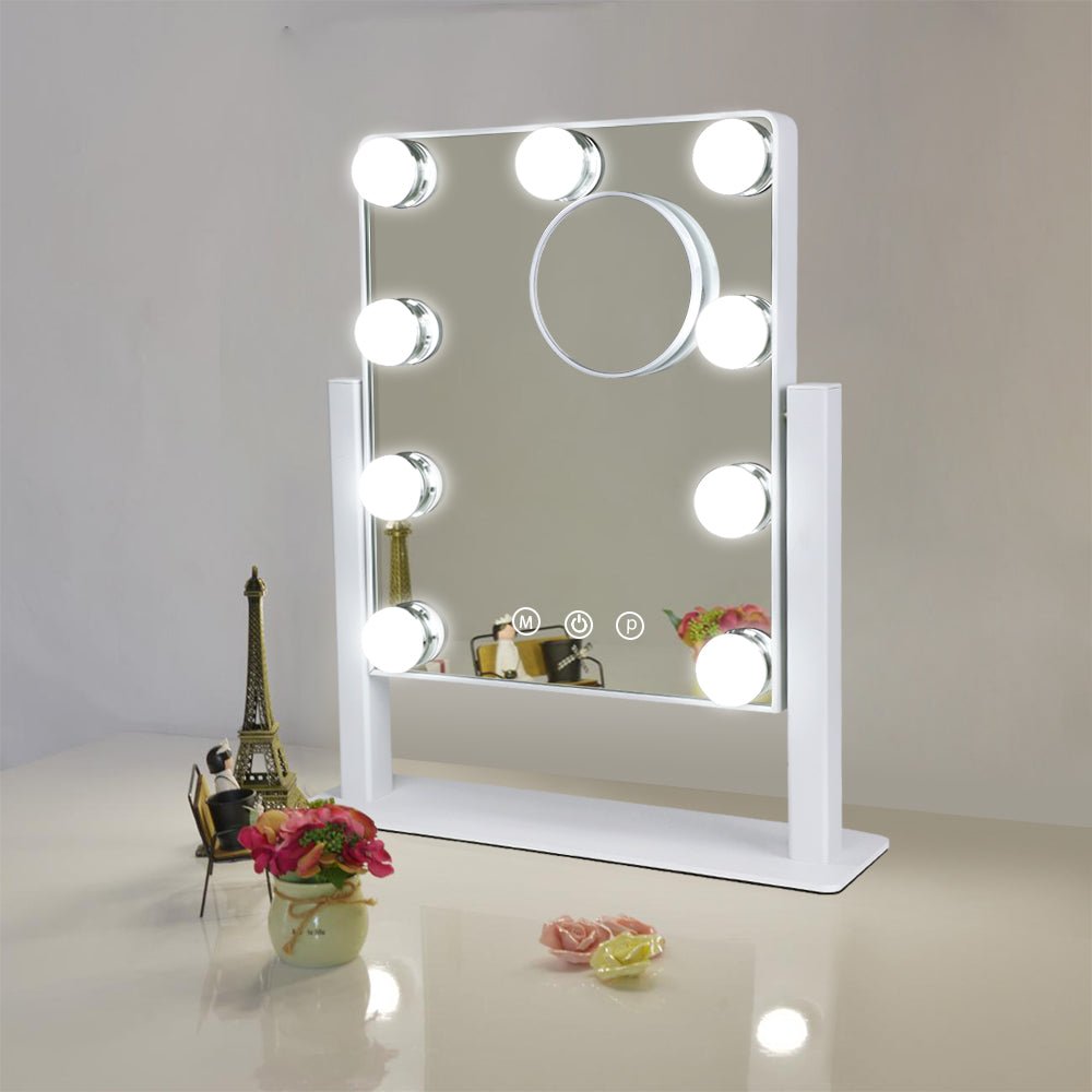 Depuley 14 x 12 Inch Hollywood Vanity Mirror with Lights - 10X Magnification Makeup Mirror, 9 Dimmable LED Bulbs, Touch Screen Control, 360° Rotation, White (35 x 30 cm) - Perfect for Home Makeup, Salon, Dressing Room & Beauty Studio