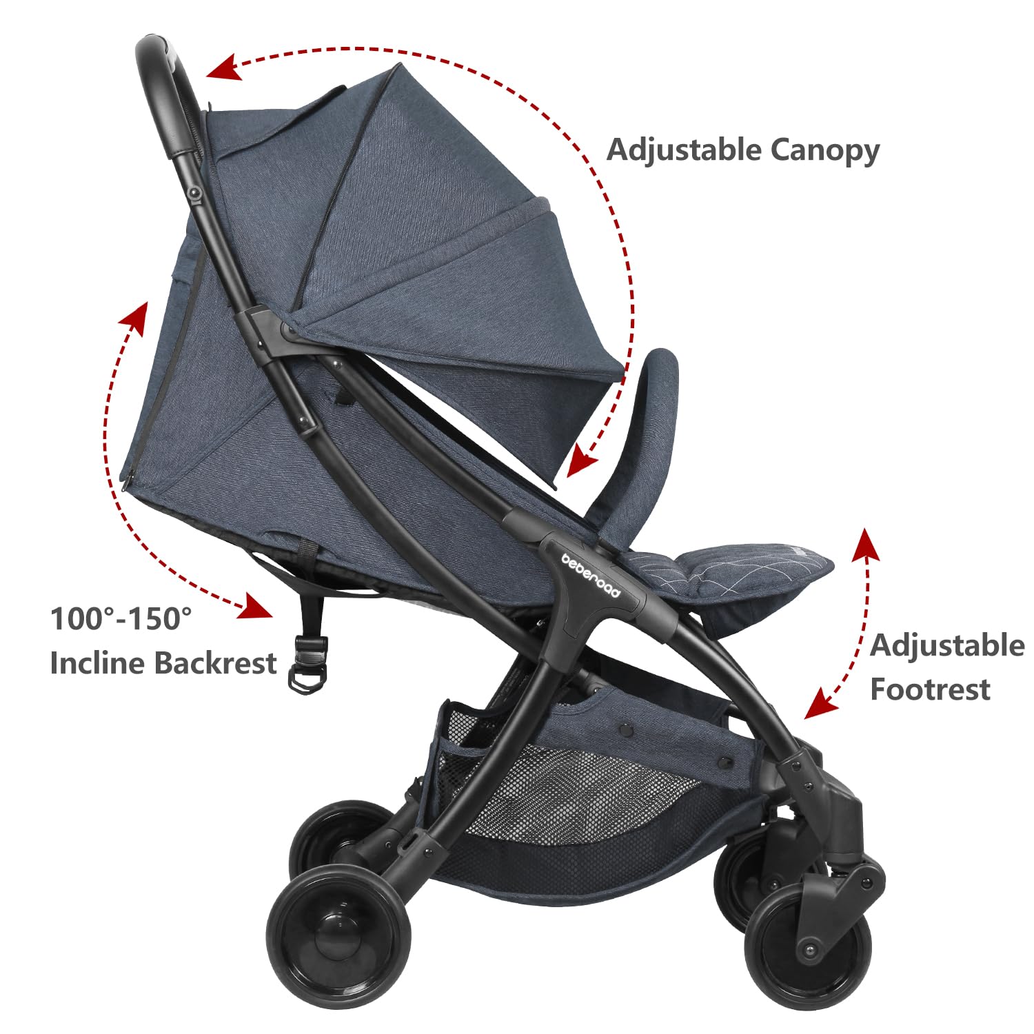 Beberoad Love R2 Compact Lightweight Travel Stroller for Toddlers - Foldable Baby Stroller with Adjustable Backrest, Cup Holder & Waterproof Canopy - Airplane Approved, Perfect for Travel, Shopping & Daily Use (Denim Blue)