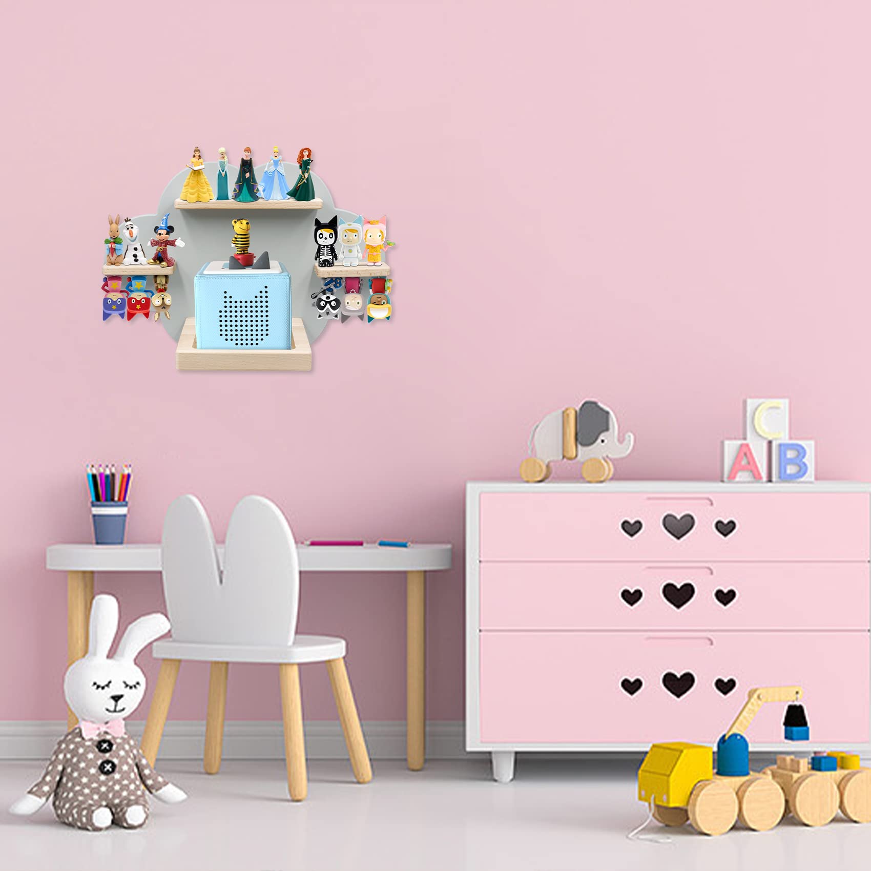 Magnetic Wooden Floating Wall Shelf for Toniebox - Charging Station & Storage Rack Holds 12-18 Tonie Figures - Compatible with Toniebox MP3 Audio Player & Characters - Perfect for Kids Playroom, Bedroom or Nursery Organization