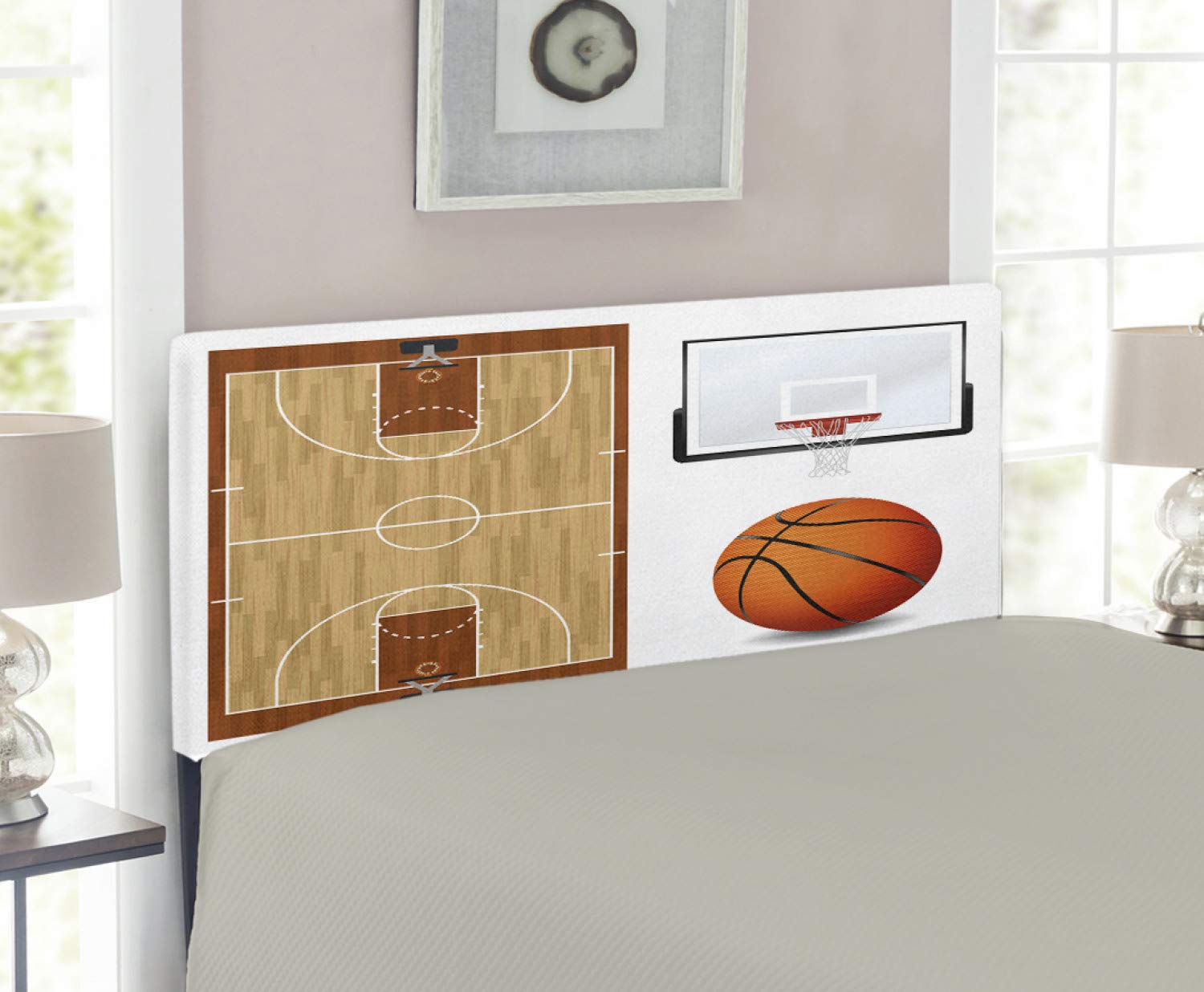 Lunarable Sports Headboard - Realistic Basketball Court Backboard Design, Upholstered Metal Bed Frame with Memory Foam - Twin Size in Pale Brown Orange - Perfect for Kids' Bedrooms, Sports Themed Decor & Game Room Furniture