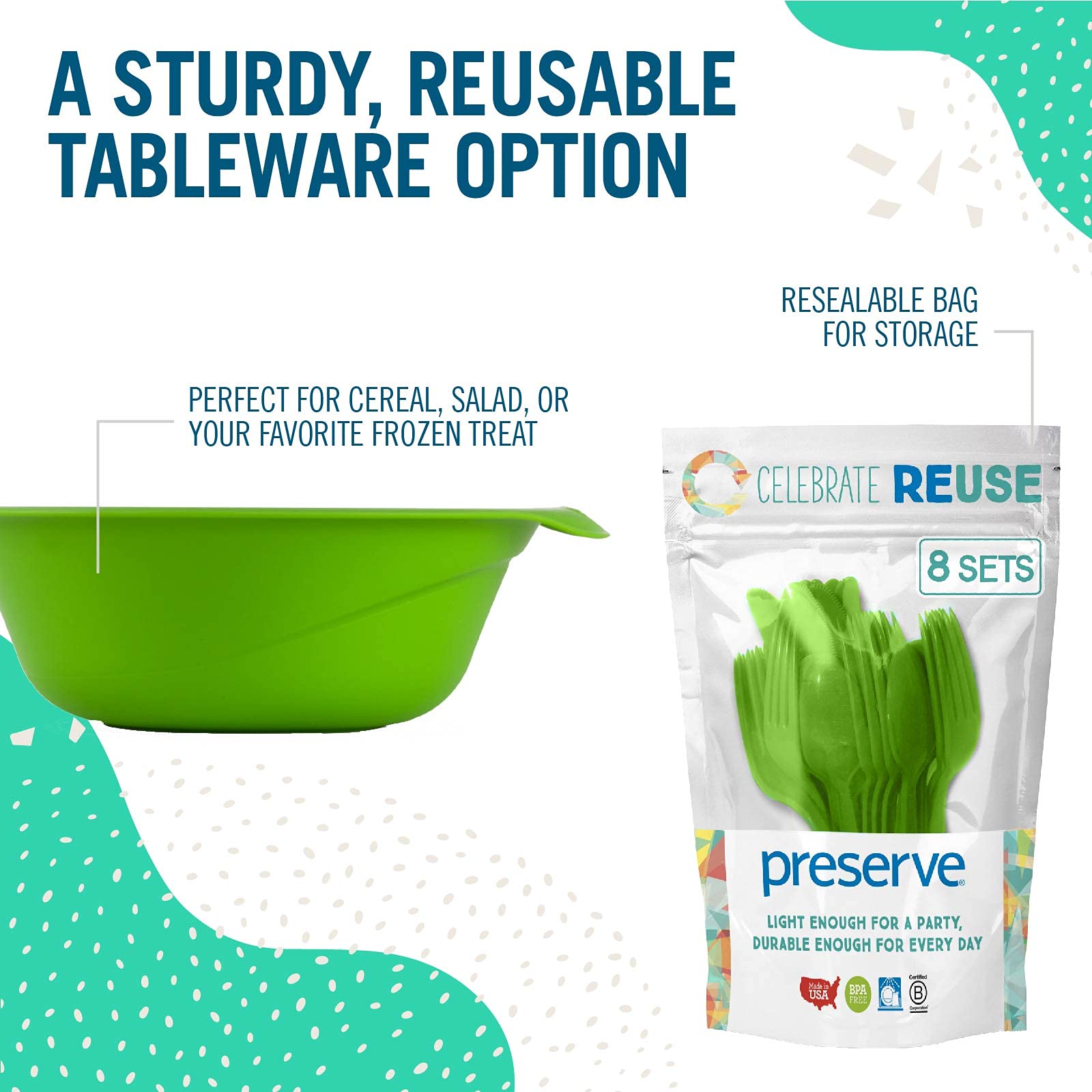 Eco-Friendly BPA-Free Reusable Tableware Set - 4 Plates, 4 Bowls, 4 Cups & 24 Cutlery Pieces Made from Recycled Plastic | Sustainable Dining for Home, Picnics & Outdoor Activities | Apple Green