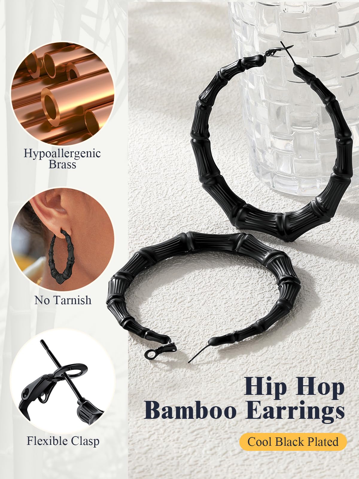 U7 Bamboo Hoop Earrings for Women - Stainless Steel, Personalized Black or 18K Gold Plated Statement Earrings - Extra Large Hip Hop Name Hoops - Perfect for Parties, Fashion Jewelry & Gift Giving