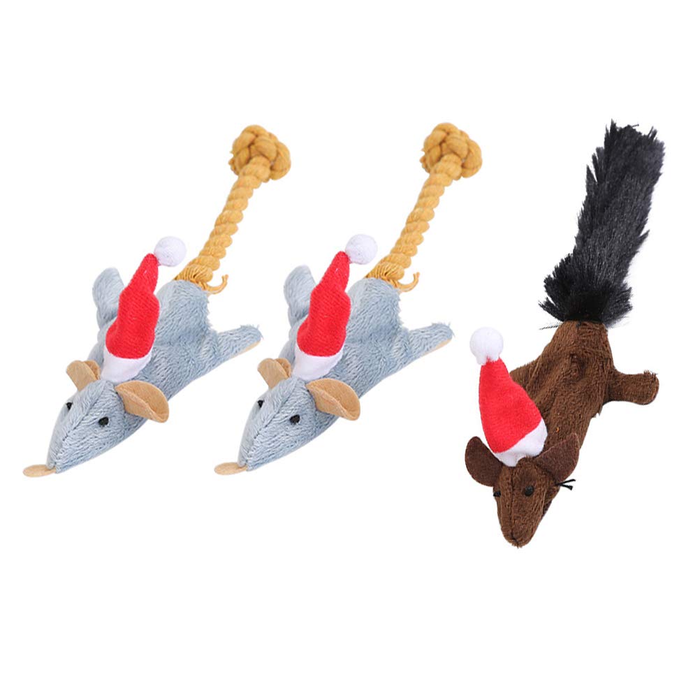 ABOOFAN 3Pcs Plush Cat Teasing Toys with Funny Christmas Hat & Rat Design - Interactive Cat Toys for Play & Training - Perfect for Christmas Decor & Holiday Pet Gifts (Random Colors)