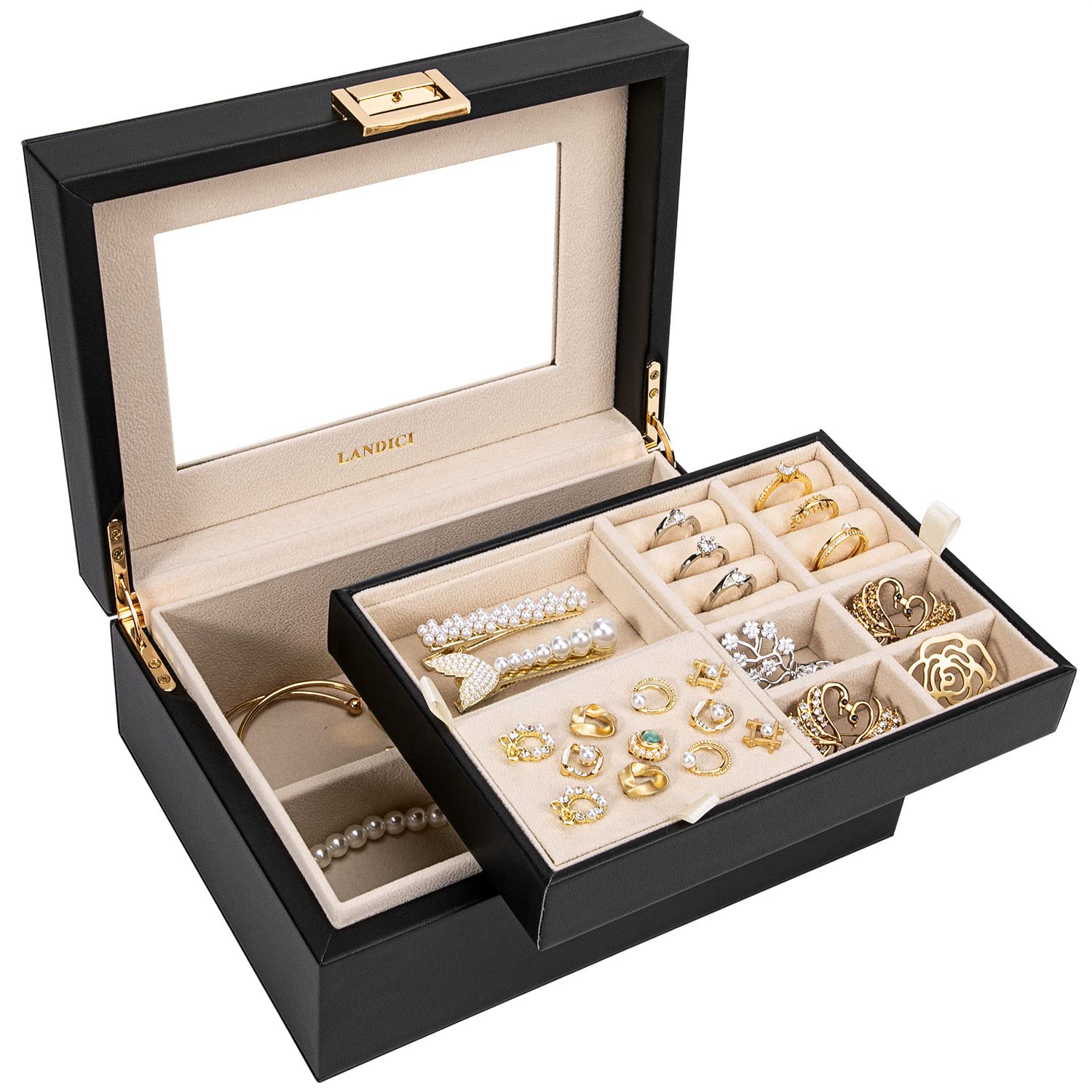 LANDICI Jewelry Organizer Box for Women & Teens - Large Leather Jewelry Storage Case with Mirror, 2-Layer Removable Stackable Trays - Perfect for Rings, Necklaces, Earrings & Bracelets - Ideal for Travel, Home Decor & Gift Giving (Black)