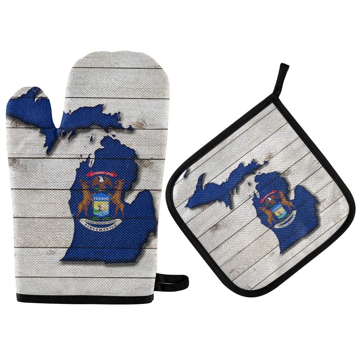 Michigan Flag Map Oven Mitts & Pot Holders Set - Heat Resistant Kitchen Gloves for Cooking, Baking, Grilling - Perfect for Microwave, BBQ & Stove Use